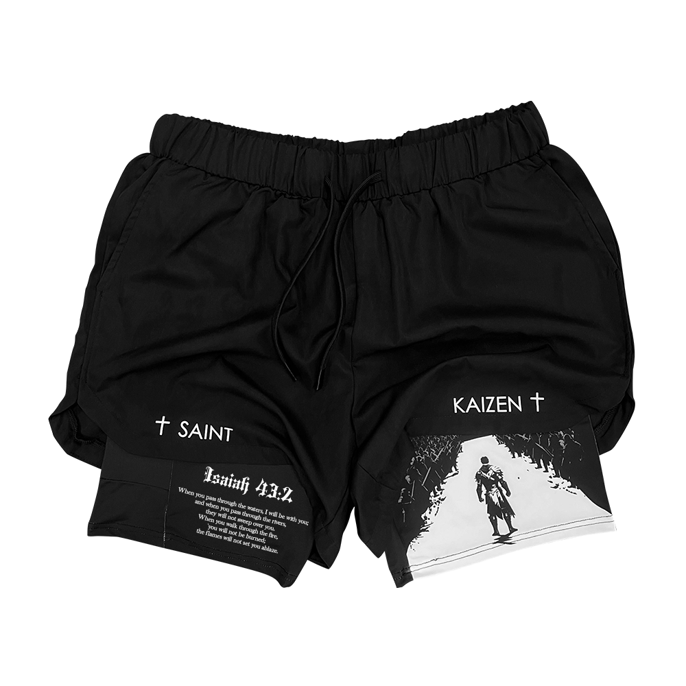Saint Kaizen Christian gym wear God Is With Me - Performance Shorts. Two-layer shorts built for optimal mobility, featuring secure pockets and premium fabric.