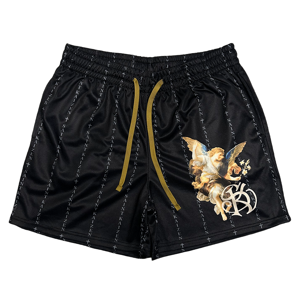 Gold Angel Mesh Shorts - Black