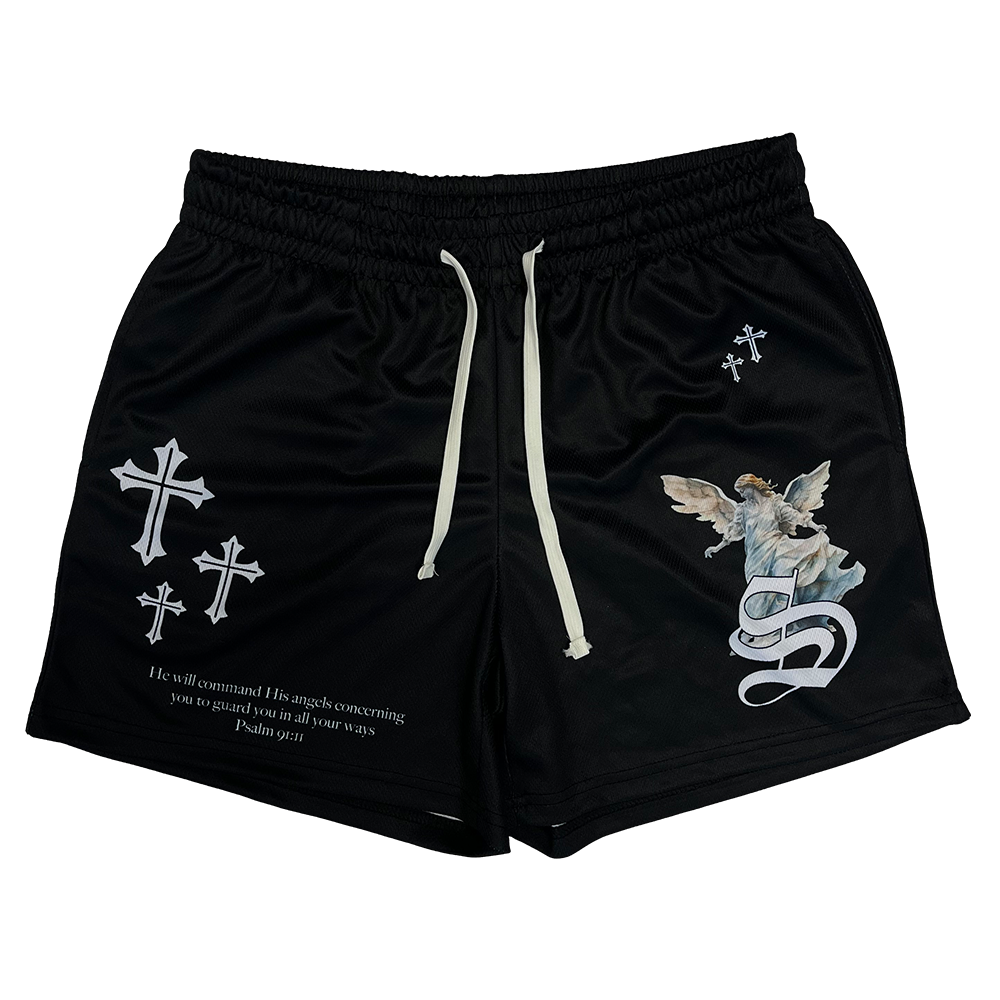 Saint Kaizen Christian gym wear Guardian Angel Mesh Shorts. Lightweight 100% polyester mesh with bold printed spiritual design. Features a 5-inch inseam for mobility.