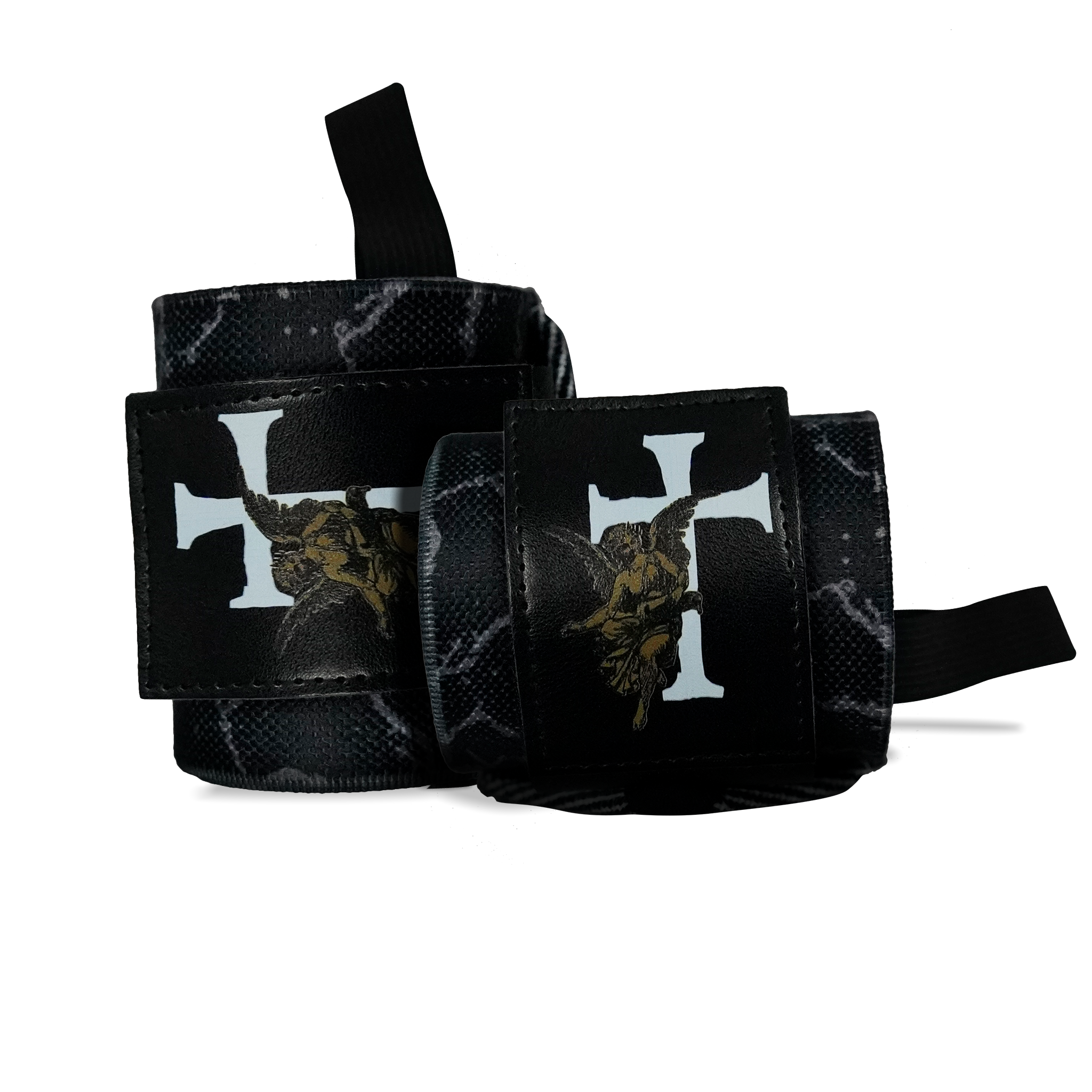 Saint Kaizen Guardian Angels Wrist Wraps. Christian gym wear accessory featuring bold spiritual print and heavy-duty Velcro for stability.