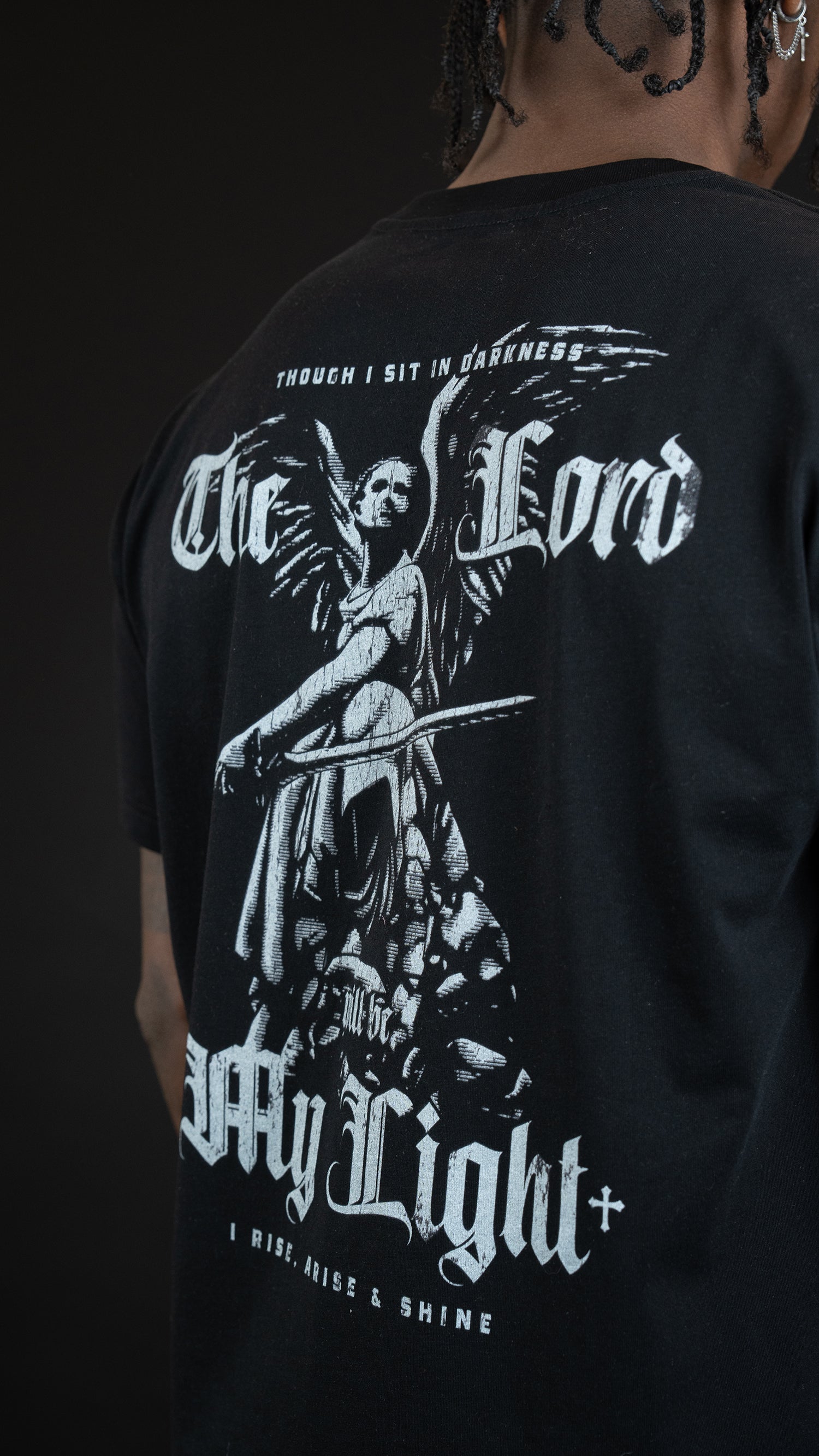 Saint Kaizen Christian gym wear shirt. Features the bold Guardian Of The Light T-Shirt - Black spiritual design. Oversize fit made from premium 220gr cotton.