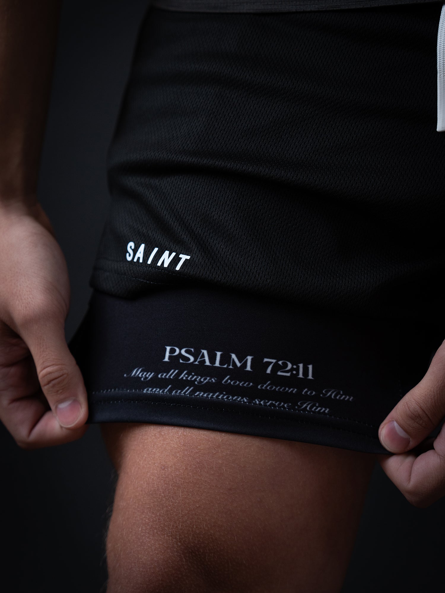 Saint Kaizen Christian gym wear Guiding Light Performance Shorts. Two-layer shorts built for optimal mobility, featuring secure pockets and premium fabric.