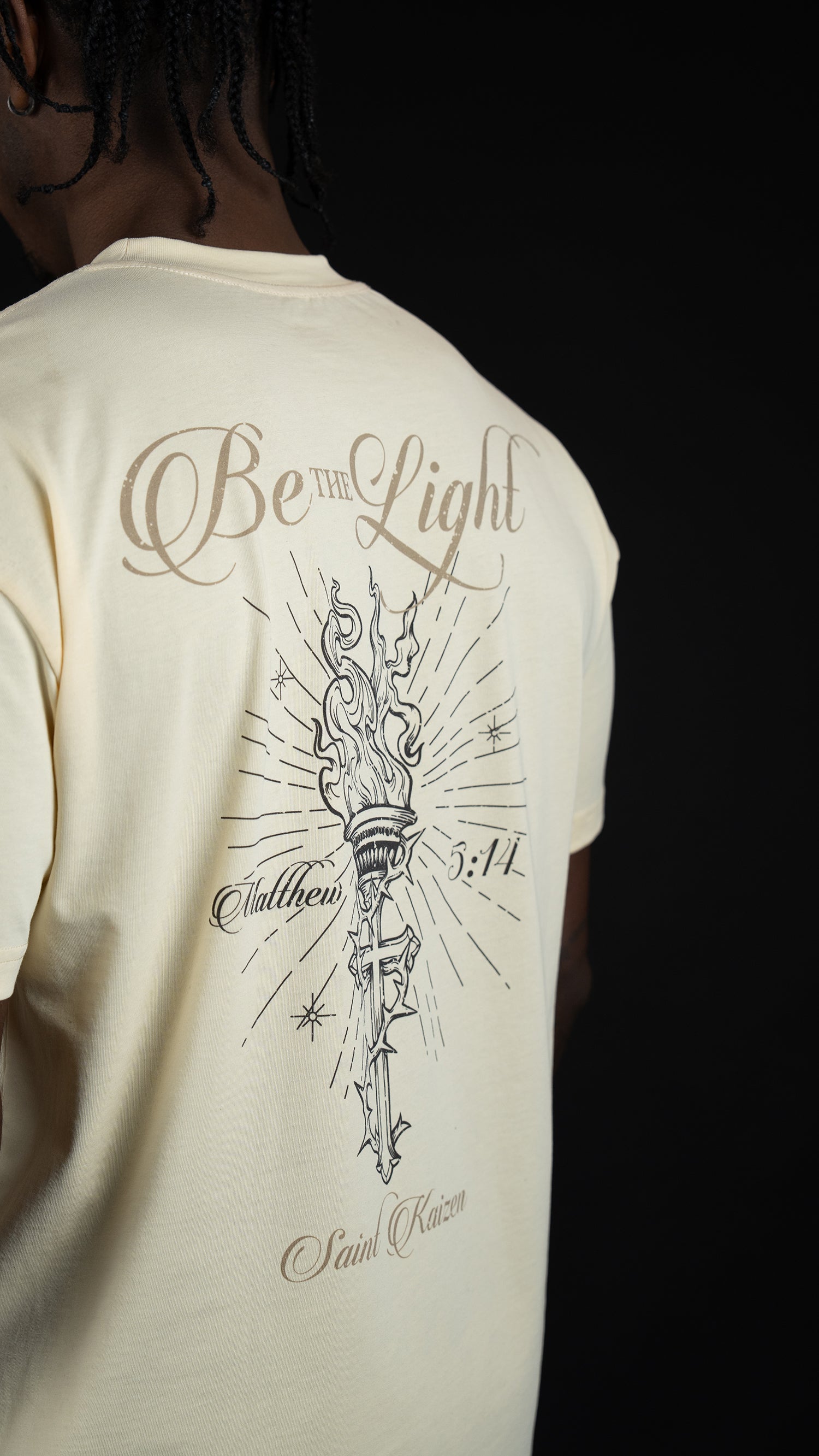 Saint Kaizen Christian gym wear shirt. Features the bold Guiding The Light T-Shirt - Cream spiritual design. Oversize fit made from premium 220gr cotton.