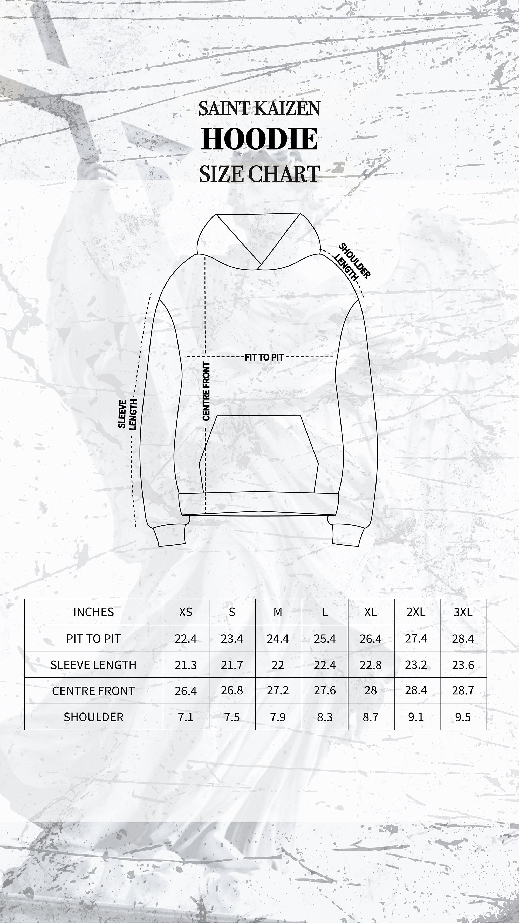 Saint Kaizen Hoodie Size Chart. Heavyweight Christian gym wear hoodie featuring detailed spiritual artwork.