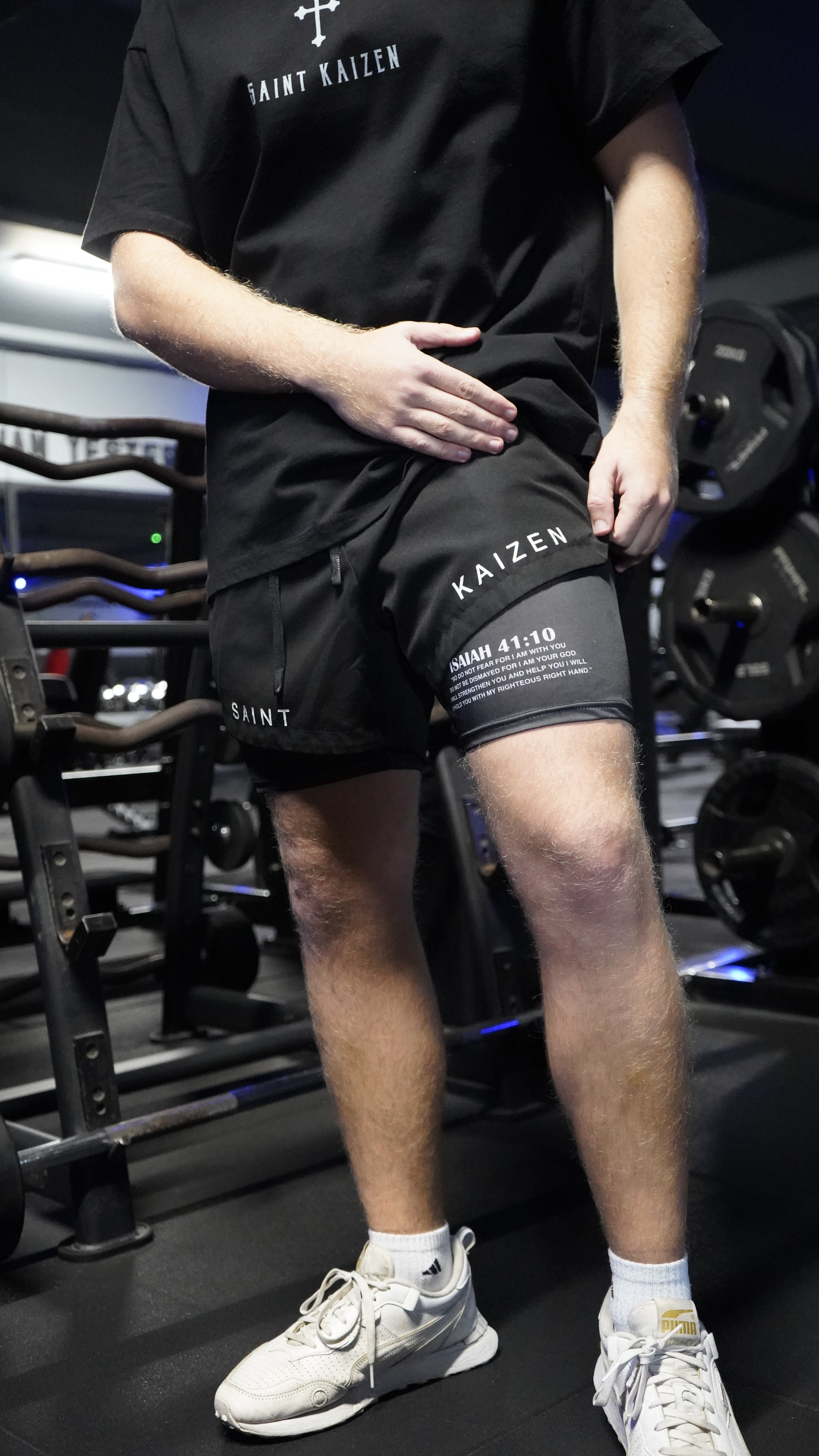 Saint Kaizen Christian gym wear Isaiah 41:10 Performance Shorts - Black. Two-layer shorts built for optimal mobility, featuring secure pockets and premium fabric.