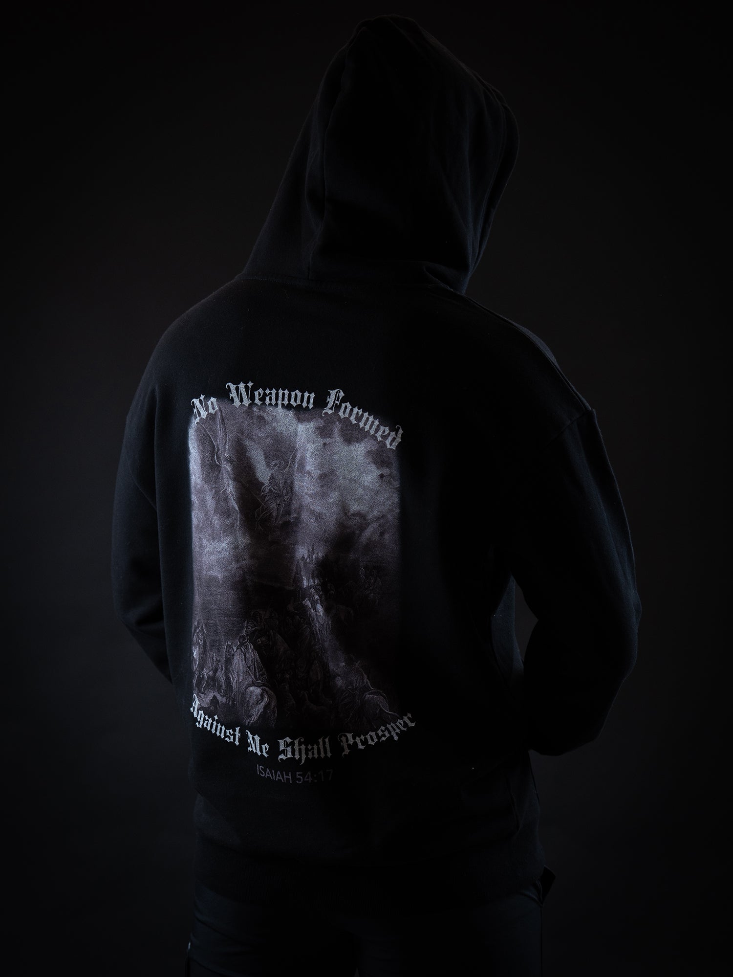 Saint Kaizen Isaiah 54:17 Hoodie - Black. Heavyweight Christian gym wear hoodie featuring a durable with spiritual artwork.