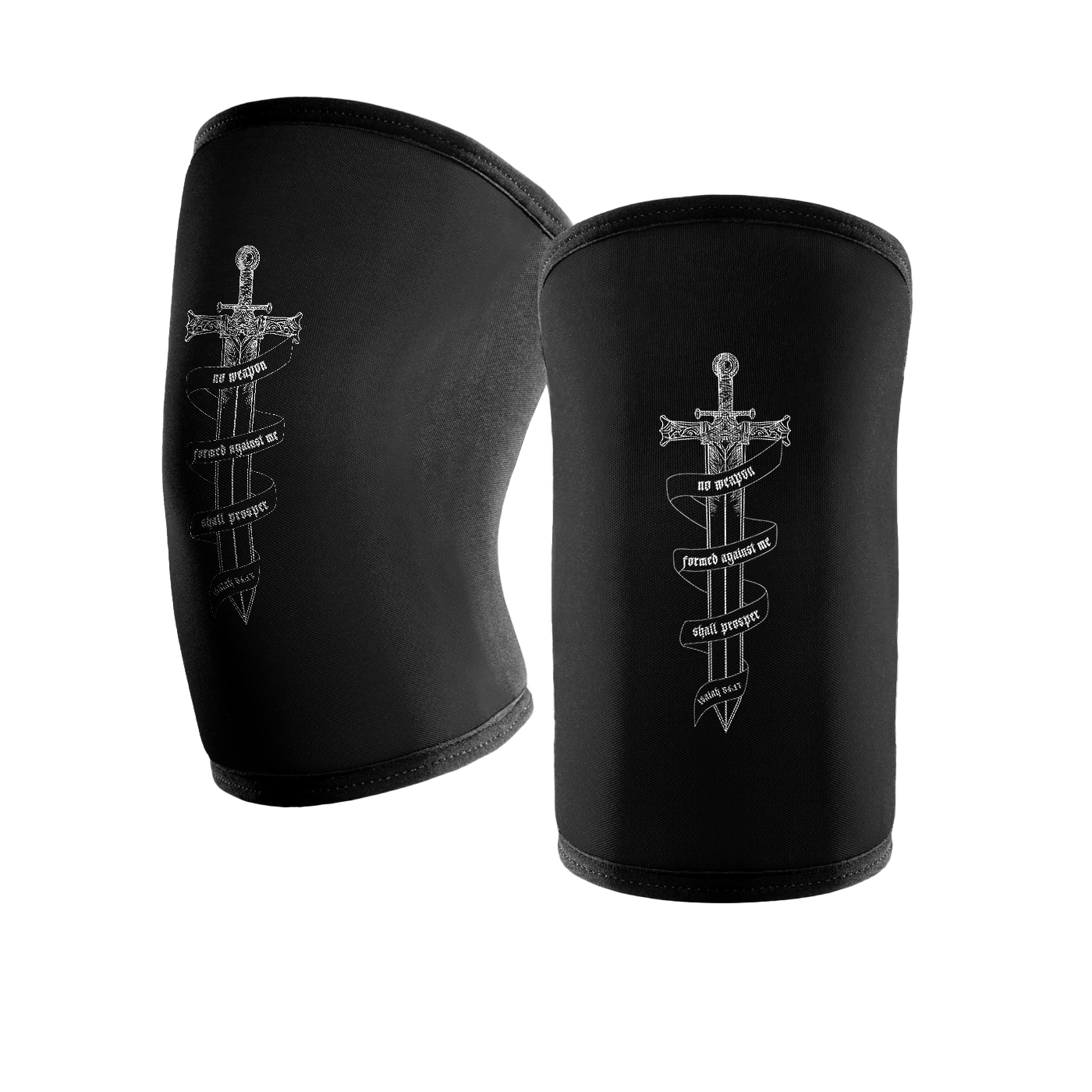 Saint Kaizen Isaiah 54:17 Sword Knee Sleeves. 7mm neoprene for maximum compression and support during squats and deadlifts. Essential Christian gym wear.