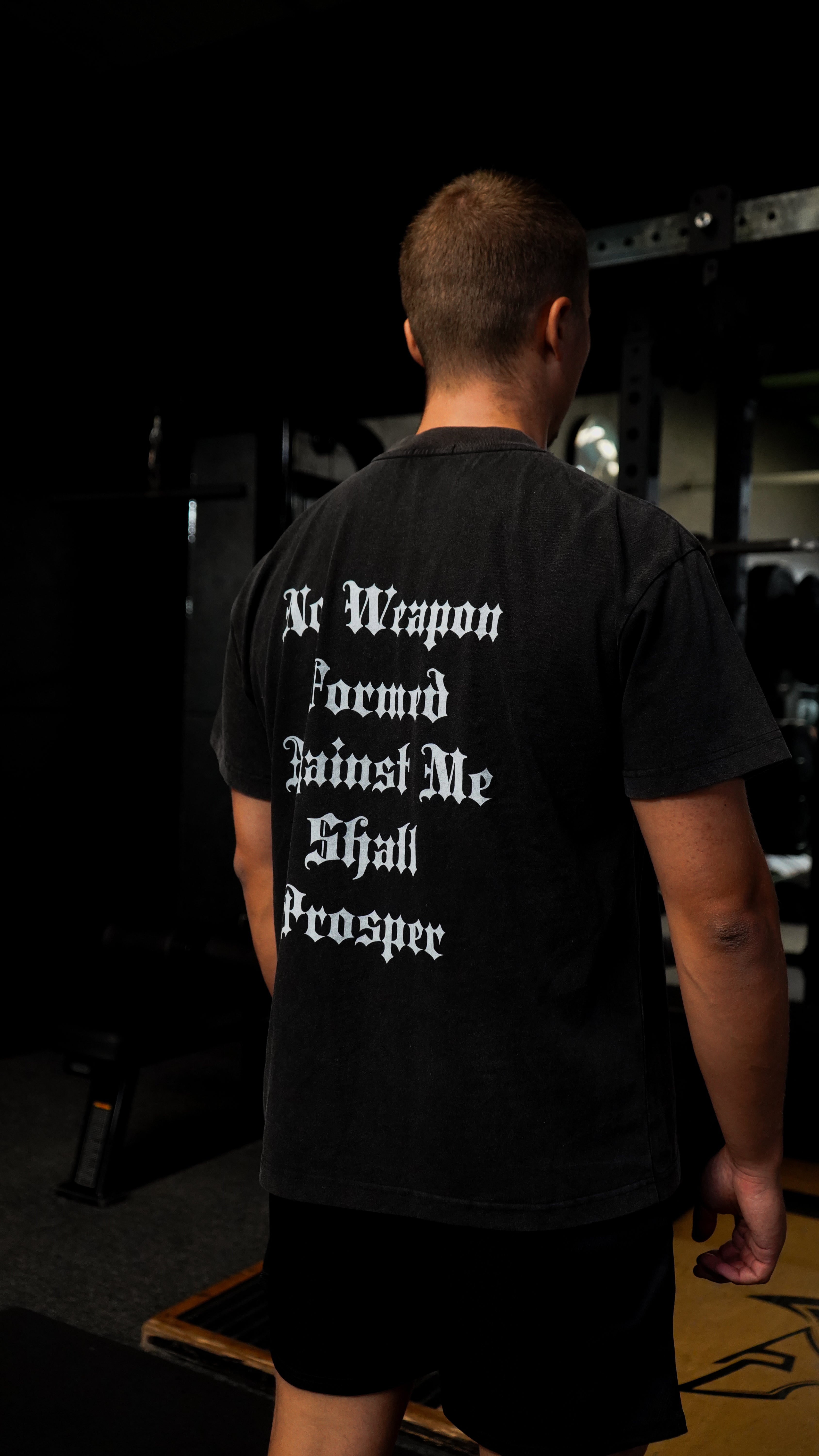 Saint Kaizen Christian gym wear shirt. Features the bold Isaiah 54:17 Verse T-Shirt spiritual design. Oversize fit made from premium 220gr cotton.