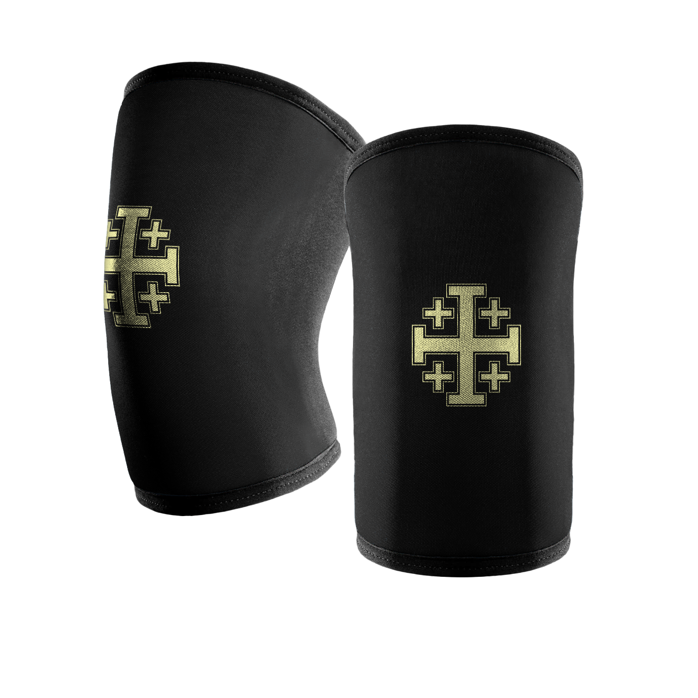 Saint Kaizen Jerusalem Cross Knee Sleeves. 7mm neoprene for maximum compression and support during squats and deadlifts. Essential Christian gym wear.