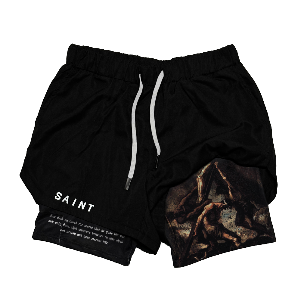 Saint Kaizen Christian gym wear John 3:16 Performance Shorts. Two-layer shorts built for optimal mobility, featuring secure pockets and premium fabric.