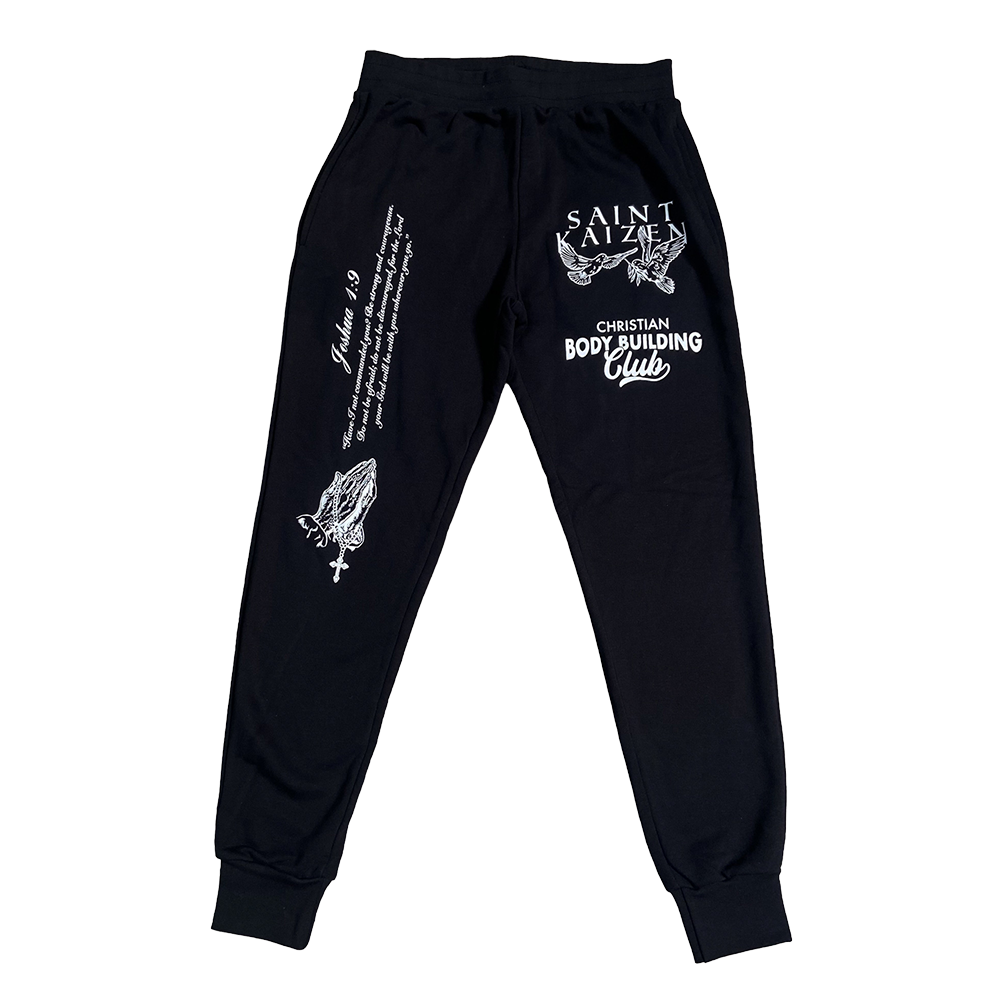 Saint Kaizen Joshua 1:9 Joggers - Black. Christian gym wear with high-quality screen print design. Terry fleece lining for warmth and comfort.