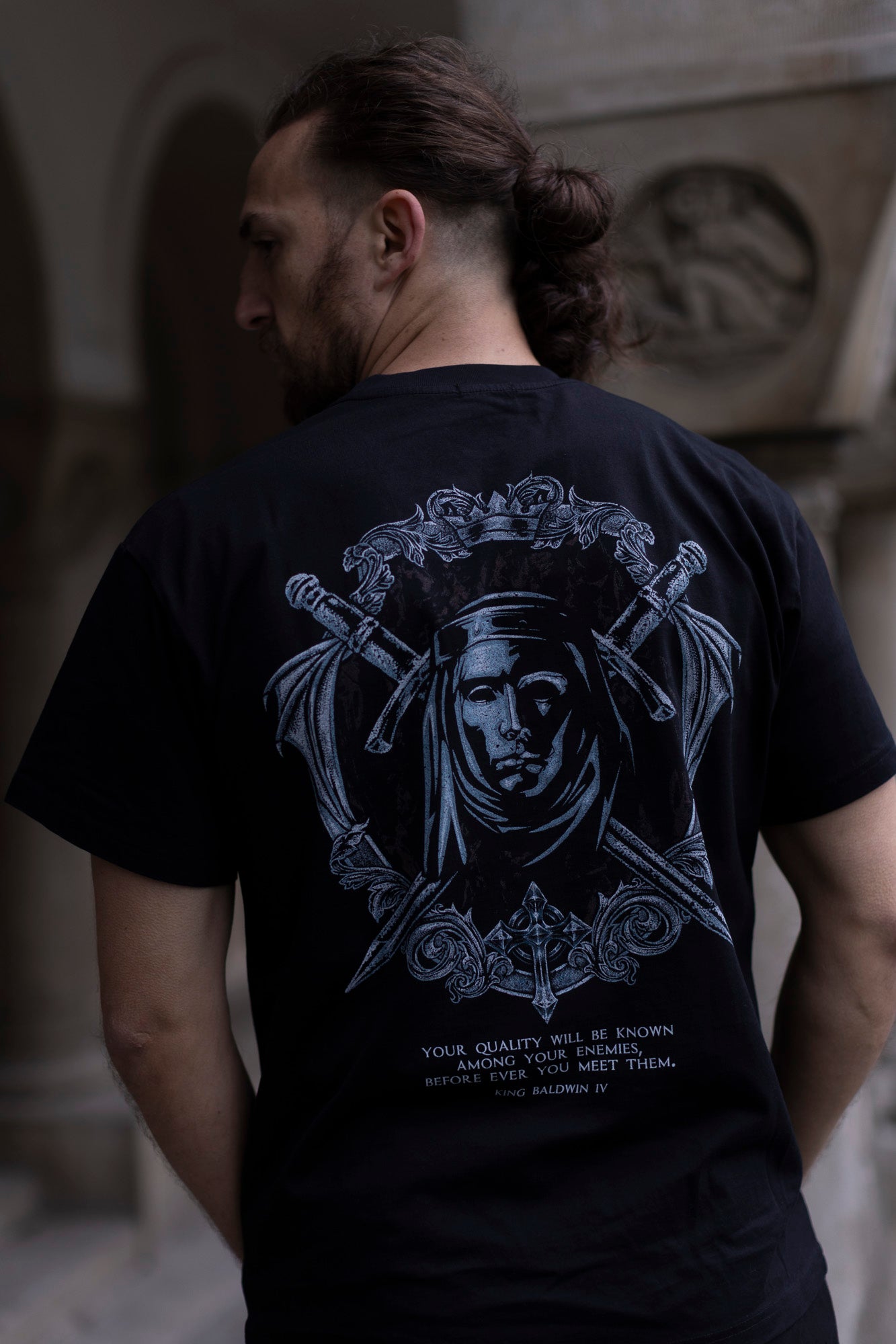 Saint Kaizen Christian gym wear shirt. Features the bold King Baldwin T-Shirt spiritual design. Oversize fit made from premium 220gr cotton.