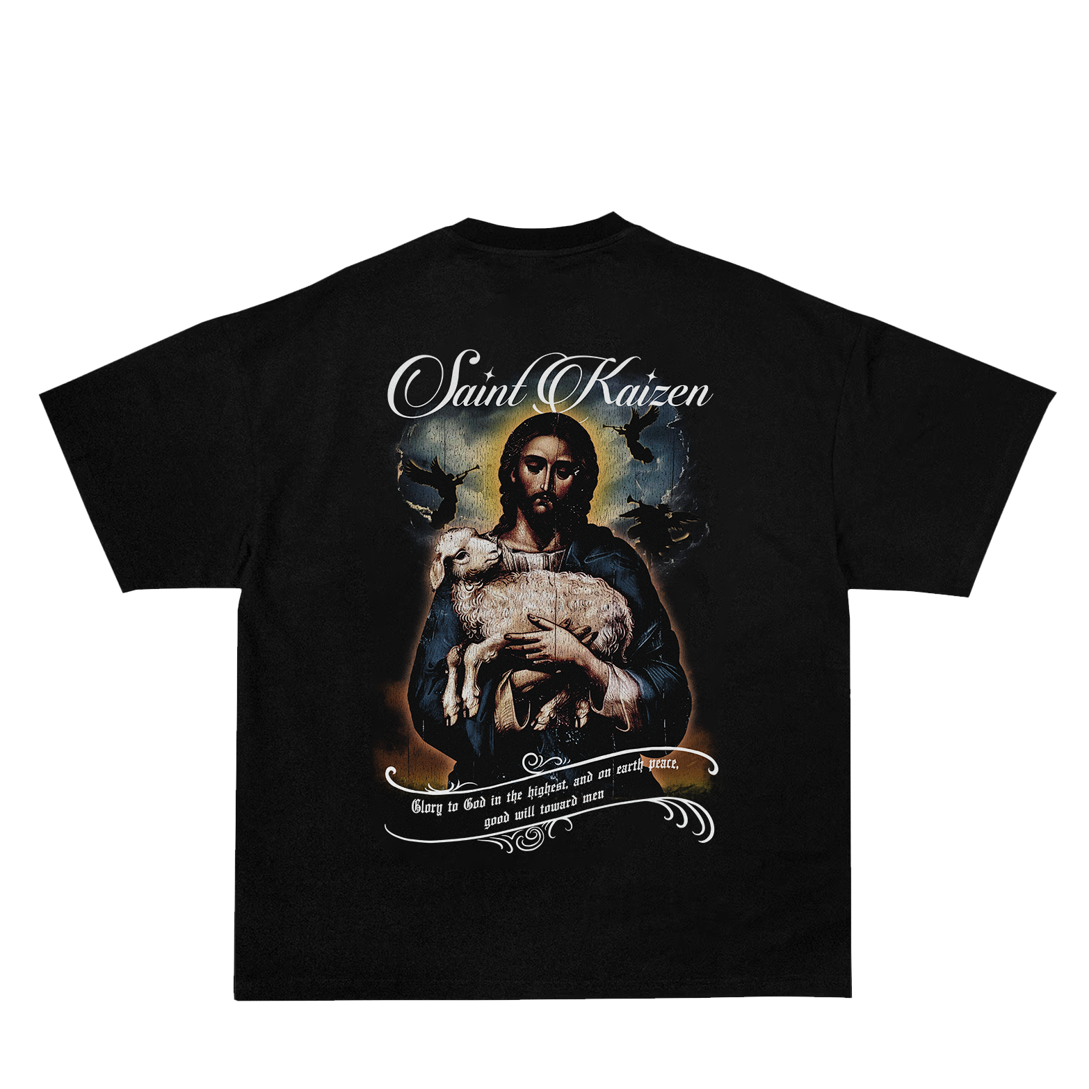 Saint Kaizen Christian gym wear shirt. Features the bold Lamb of God T-Shirt - Black spiritual design. Oversize fit made from premium 220gr cotton.