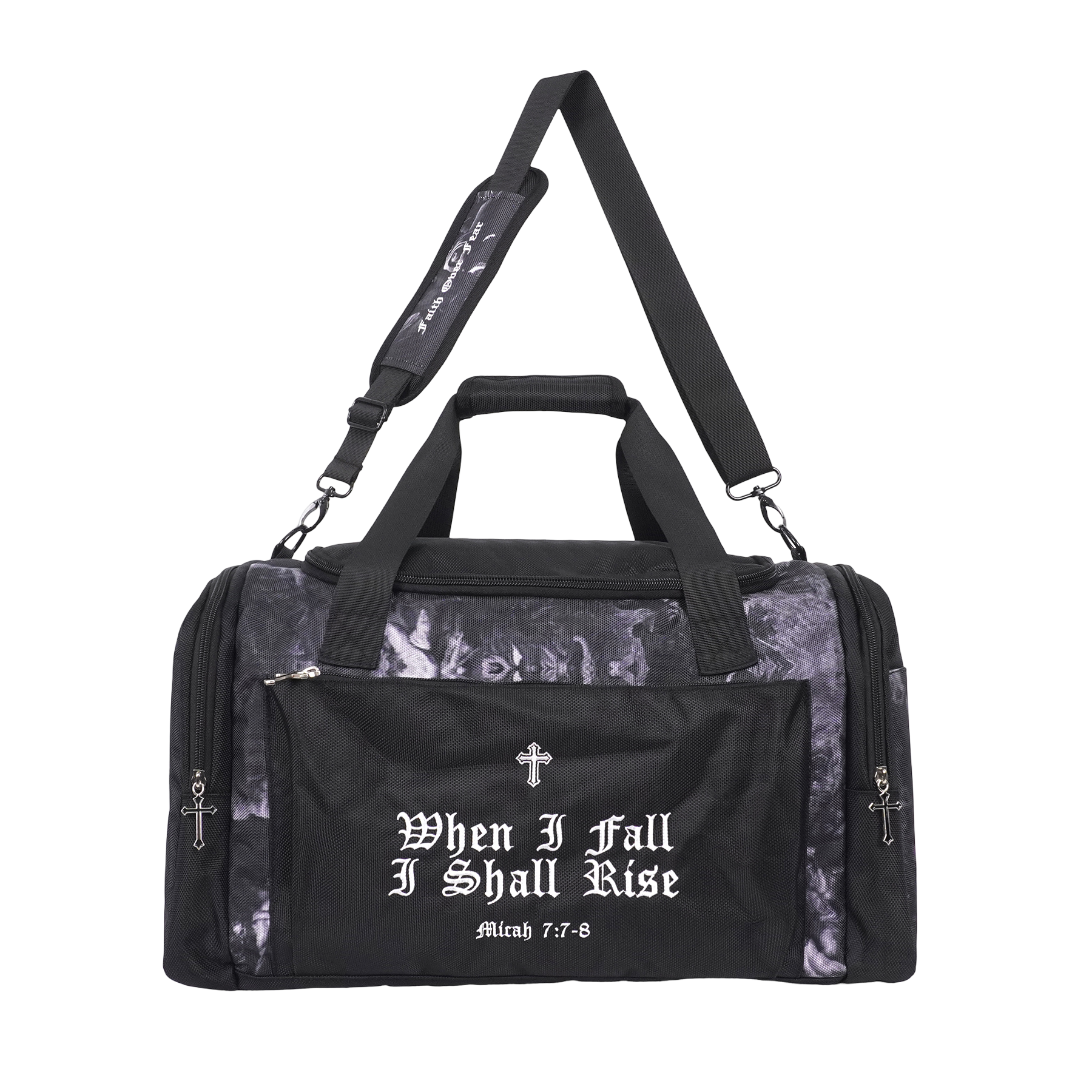 Saint Kaizen Christian gym duffle bag. Features the Light In The Darkness Duffle Bag verse, powerful spiritual artwork, and detailed embroidery for Christian athletes.