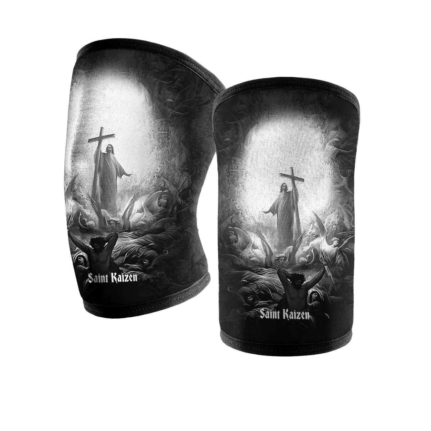 Saint Kaizen Light In The Darkness Knee Sleeves. 7mm neoprene for maximum compression and support during squats and deadlifts. Essential Christian gym wear.