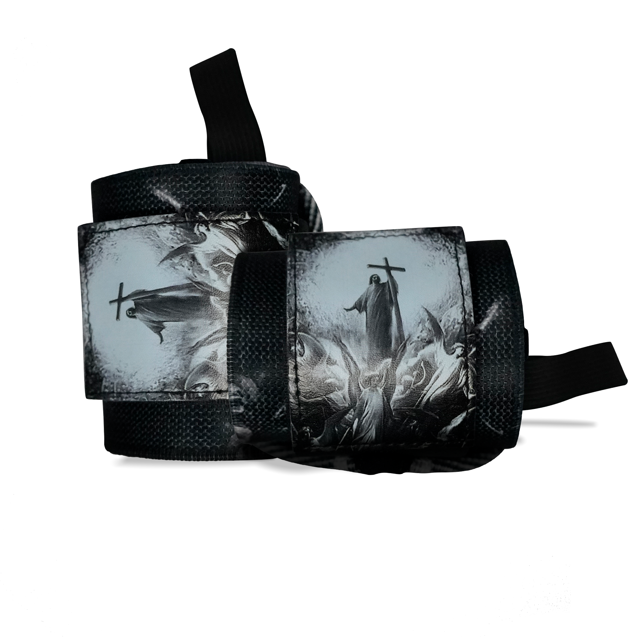 Saint Kaizen Light In The Darkness Wrist Wraps. Christian gym wear accessory featuring bold spiritual print and heavy-duty Velcro for stability.