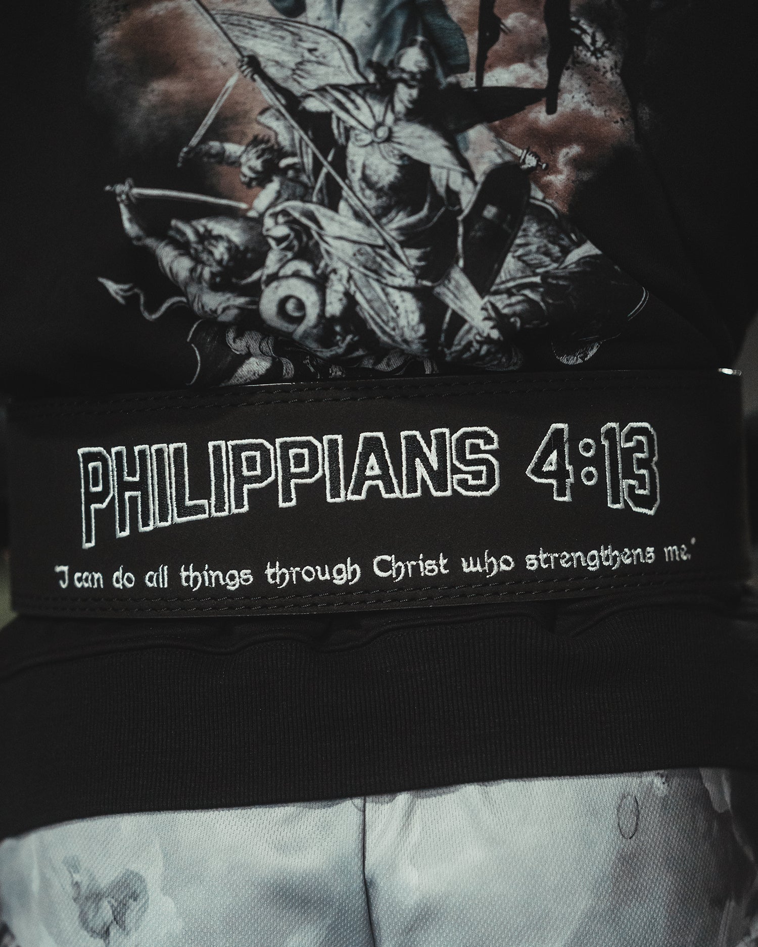 Saint Kaizen Philippians 4:13 Lever Belt (10mm, black) for Powerlifting. Premium Weightlifting belt designed for Christian athletes.