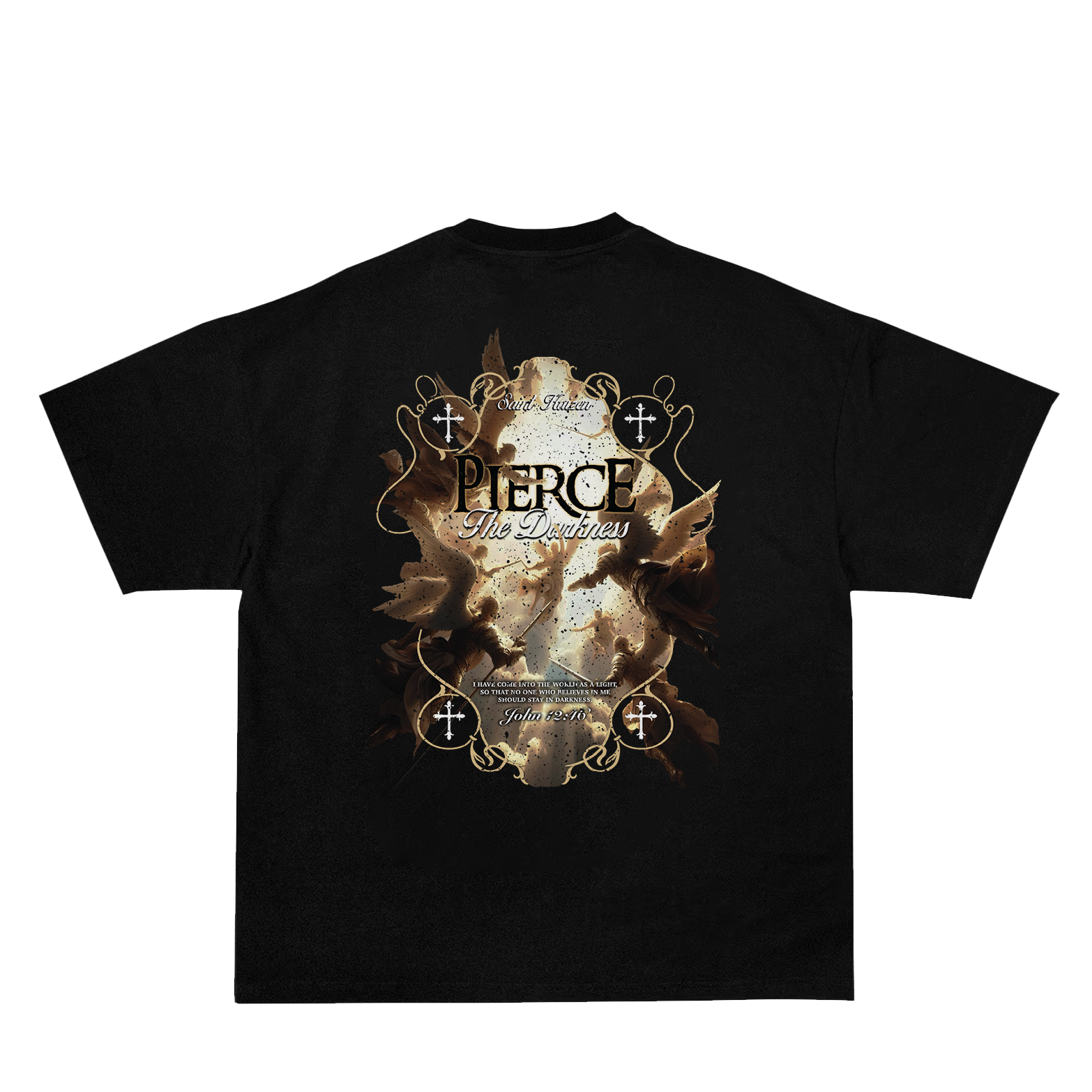 Saint Kaizen Christian gym wear shirt. Features the bold Pierce The Darkness T-Shirt - Black spiritual design. Oversize fit made from premium 220gr cotton.