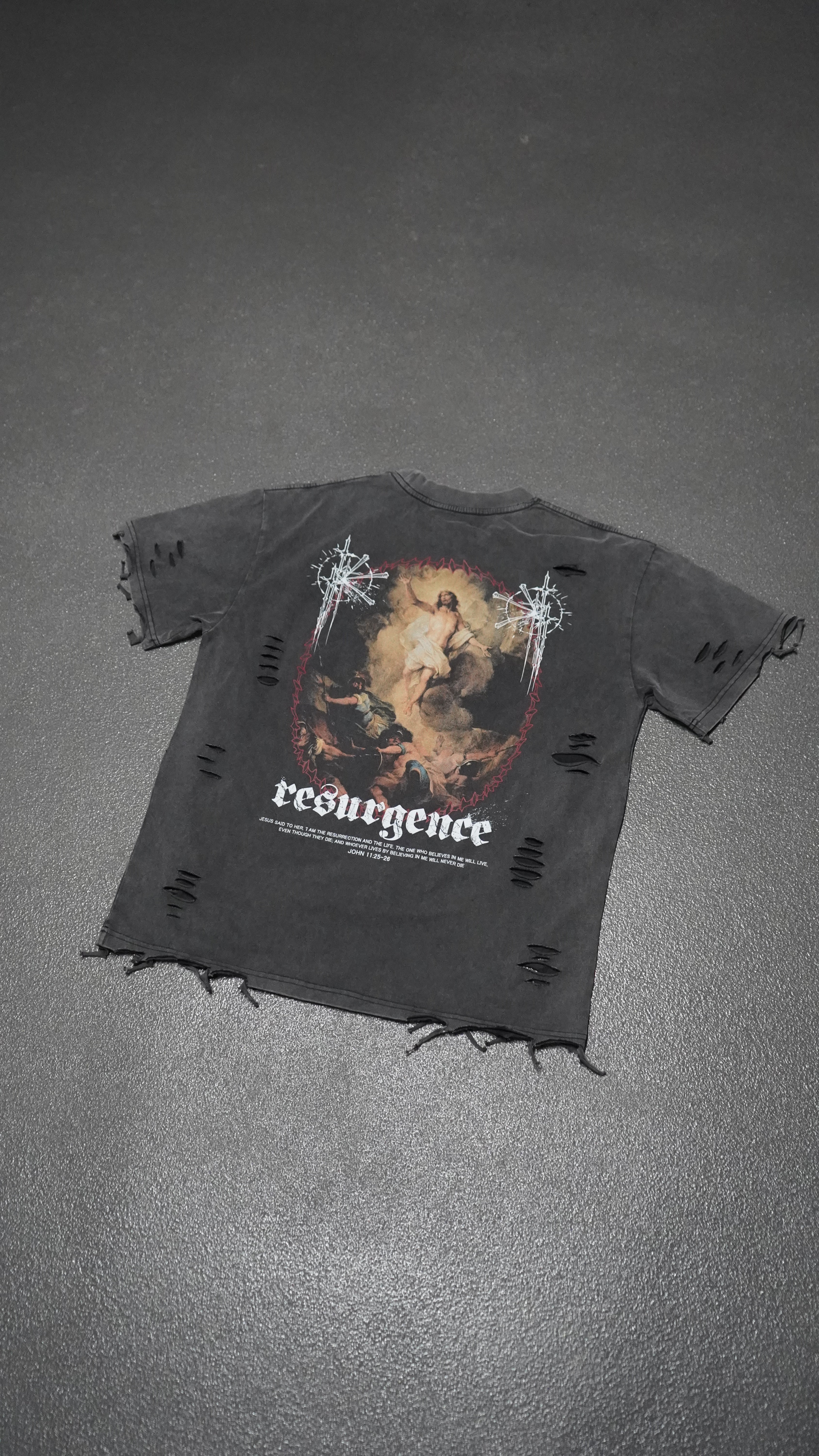 Saint Kaizen Christian gym wear shirt. Features the bold Resurgence T-Shirt - Acid Wash spiritual design. Oversize fit made from premium 220gr cotton.