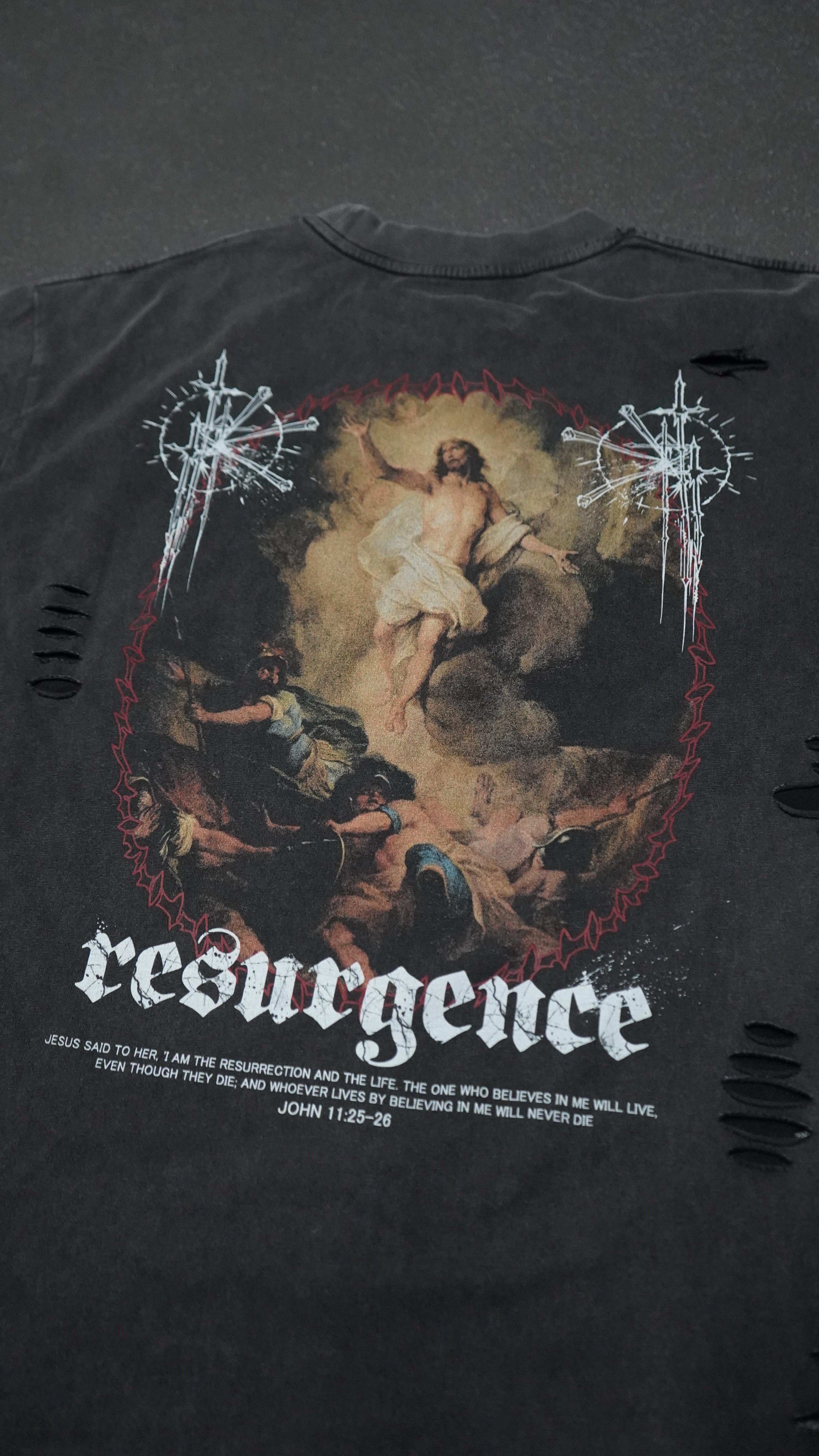 Saint Kaizen Christian gym wear shirt. Features the bold Resurgence T-Shirt - Acid Wash spiritual design. Oversize fit made from premium 220gr cotton.