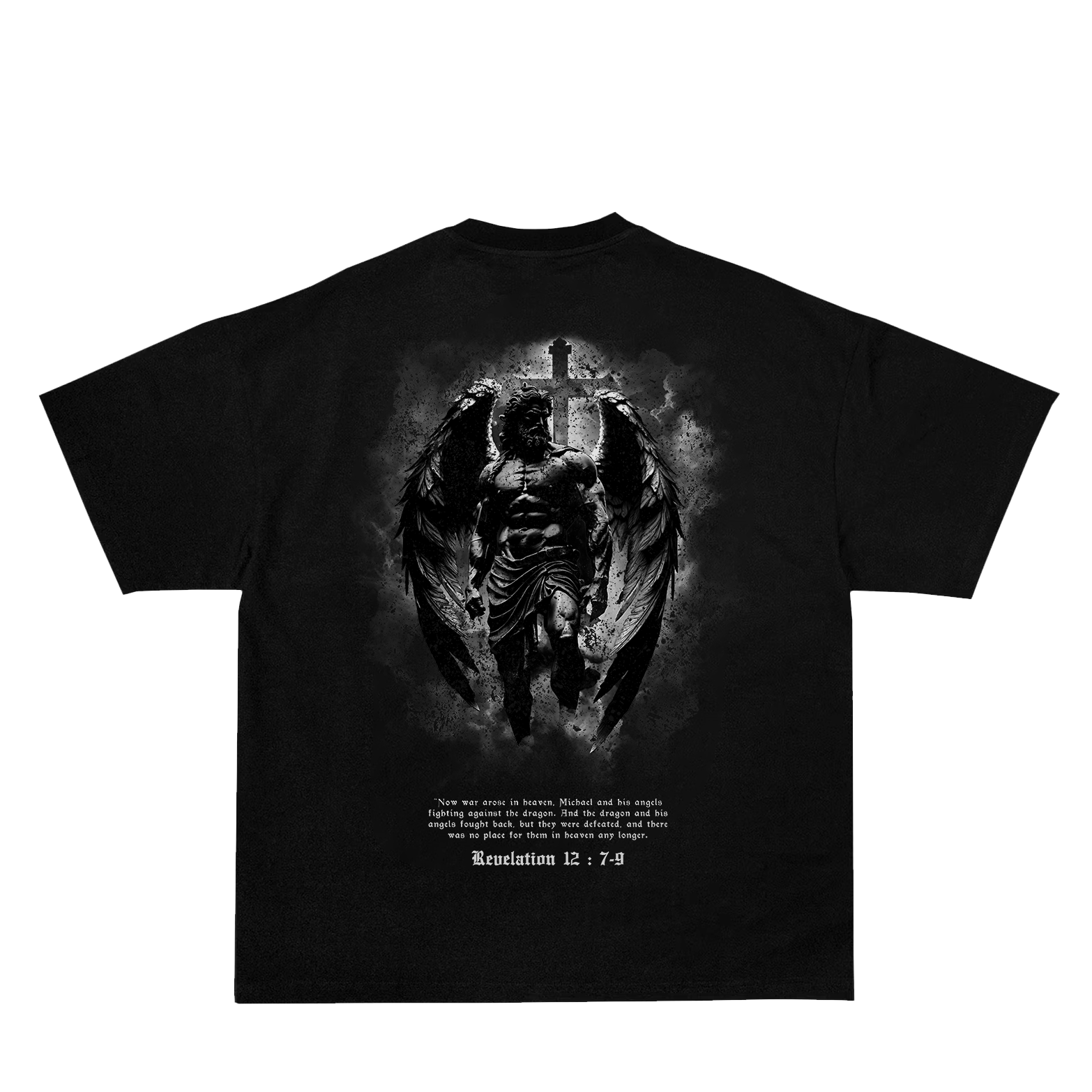 Saint Kaizen Christian gym wear shirt. Features the bold Revelation 12:7-9 T-Shirt spiritual design. Oversize fit made from premium 220gr cotton.