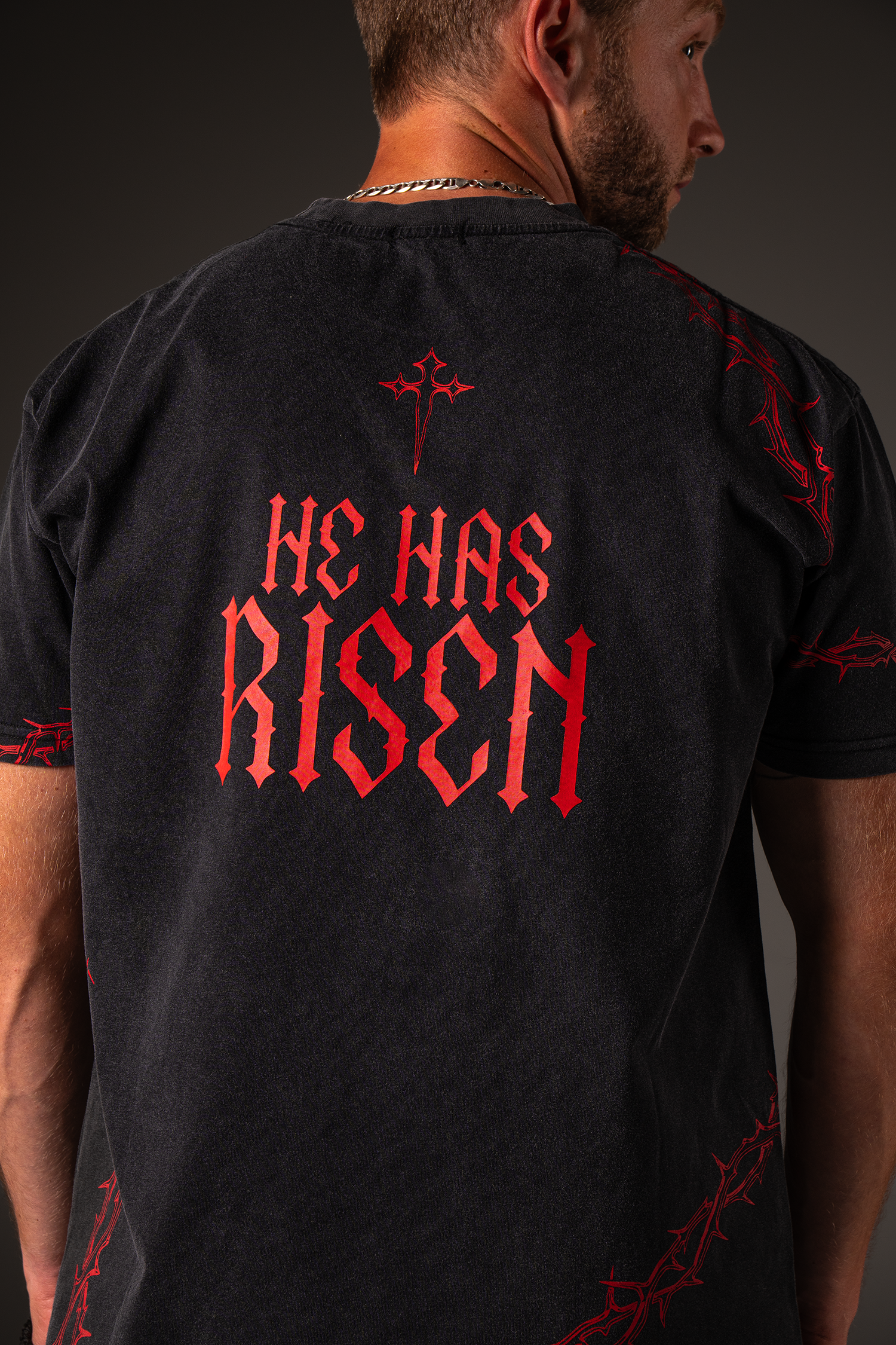 Saint Kaizen Christian gym wear shirt. Features the bold Risen T-Shirt - Acid Wash spiritual design. Oversize fit made from premium 220gr cotton.