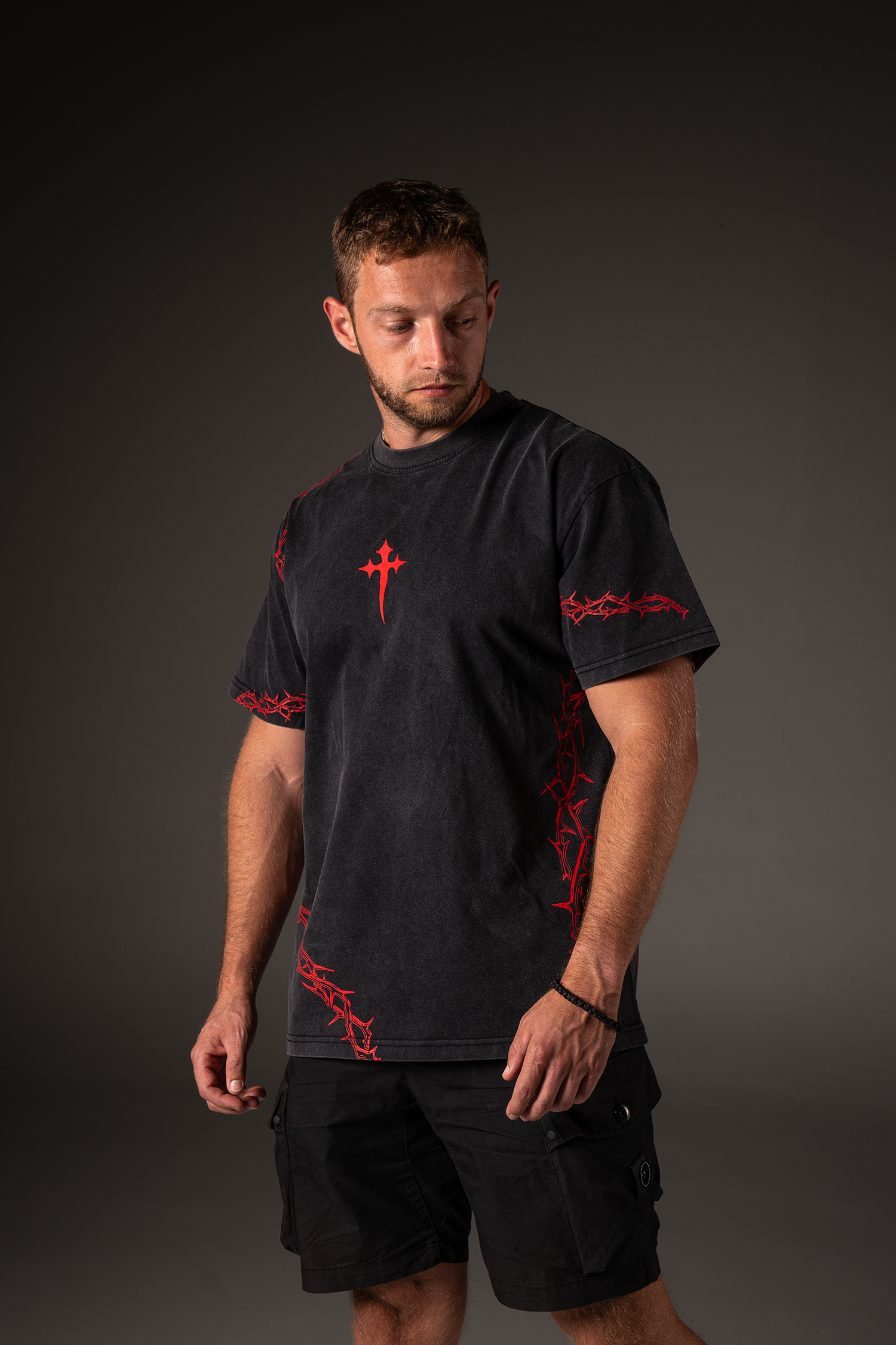 Saint Kaizen Christian gym wear shirt. Features the bold Risen T-Shirt - Acid Wash spiritual design. Oversize fit made from premium 220gr cotton.
