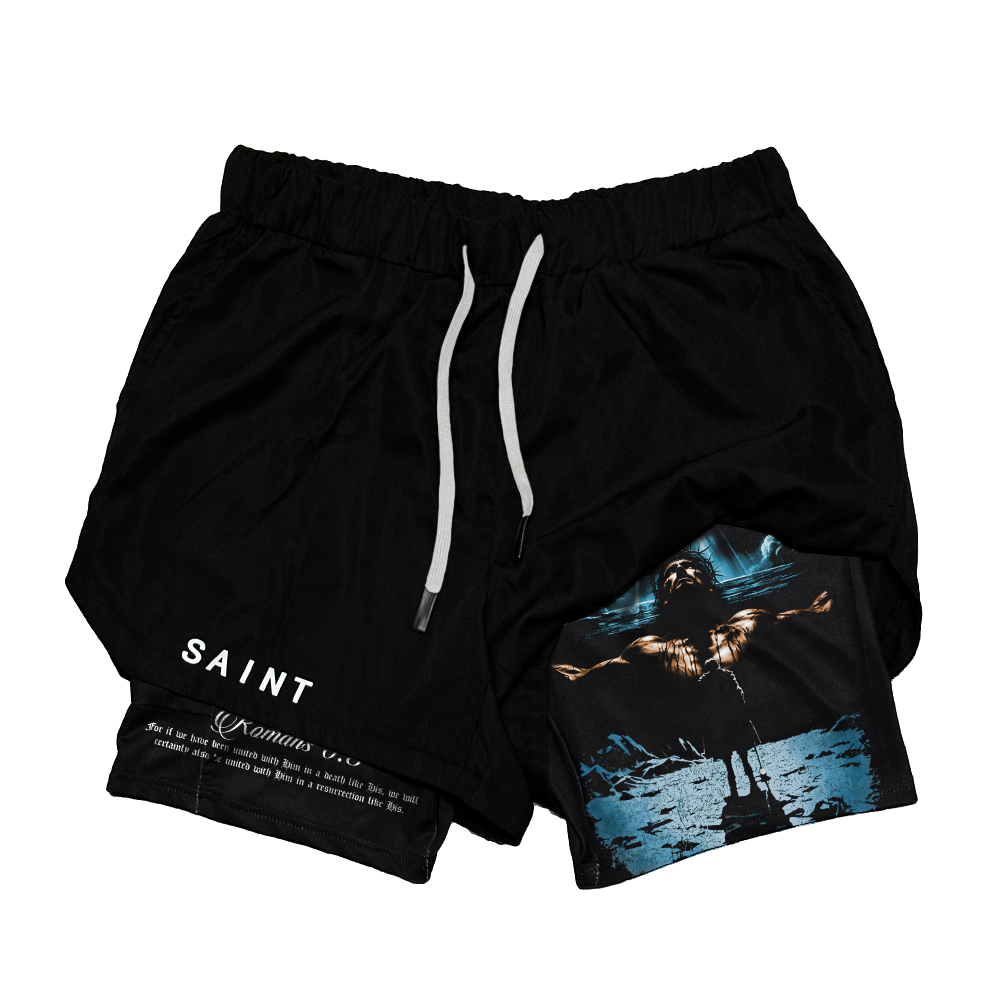Saint Kaizen Christian gym wear Romans 5:6 Performance Shorts. Two-layer shorts built for optimal mobility, featuring secure pockets and premium fabric.