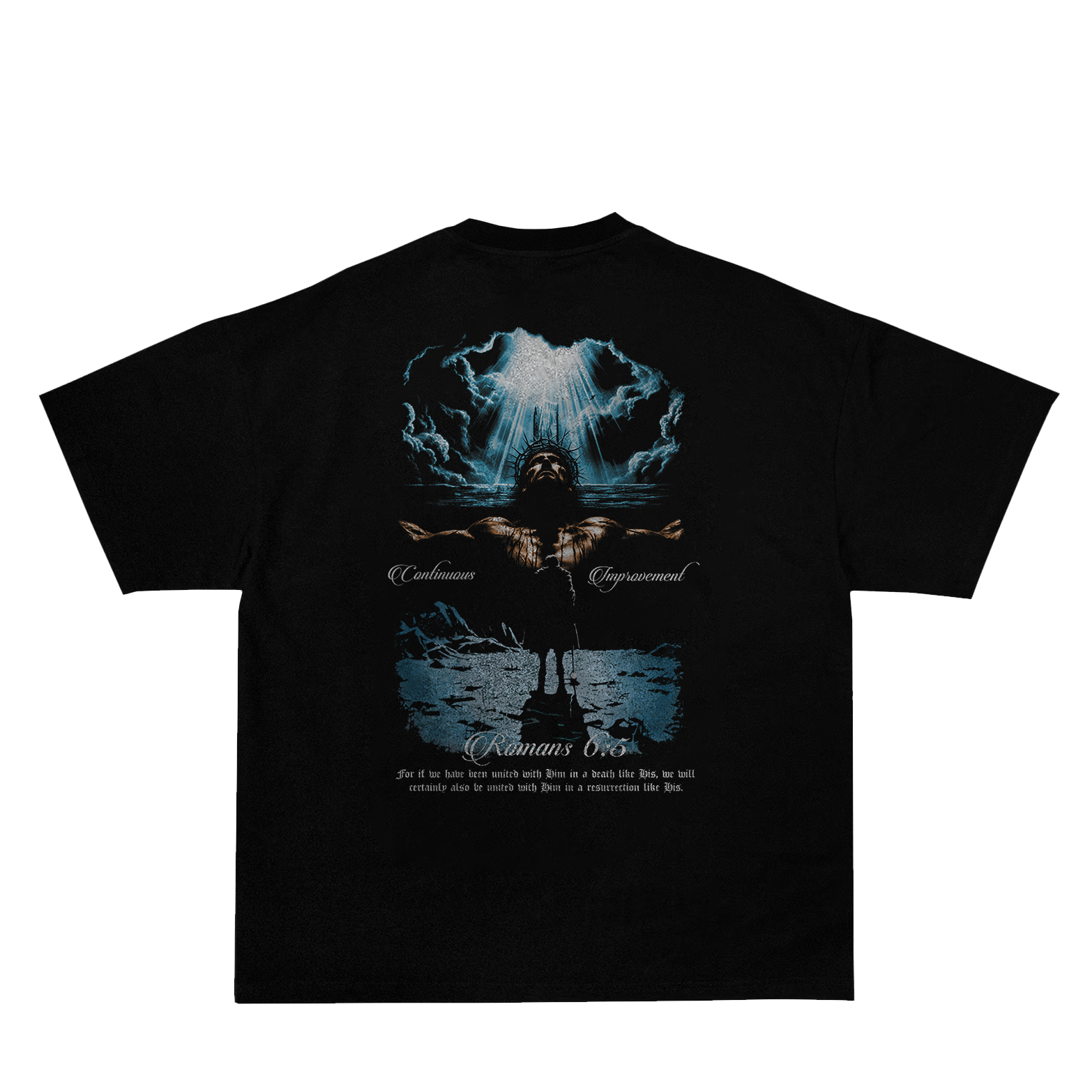 Saint Kaizen Christian gym wear shirt. Features the bold Romans 6:5 T-Shirt spiritual design. Oversize fit made from premium 220gr cotton.