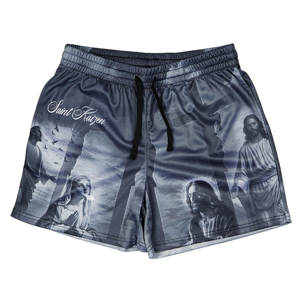 Saint Kaizen Christian gym wear Sacred Journey Shorts. Lightweight 100% polyester mesh with bold printed spiritual design. Features a 5-inch inseam for mobility.