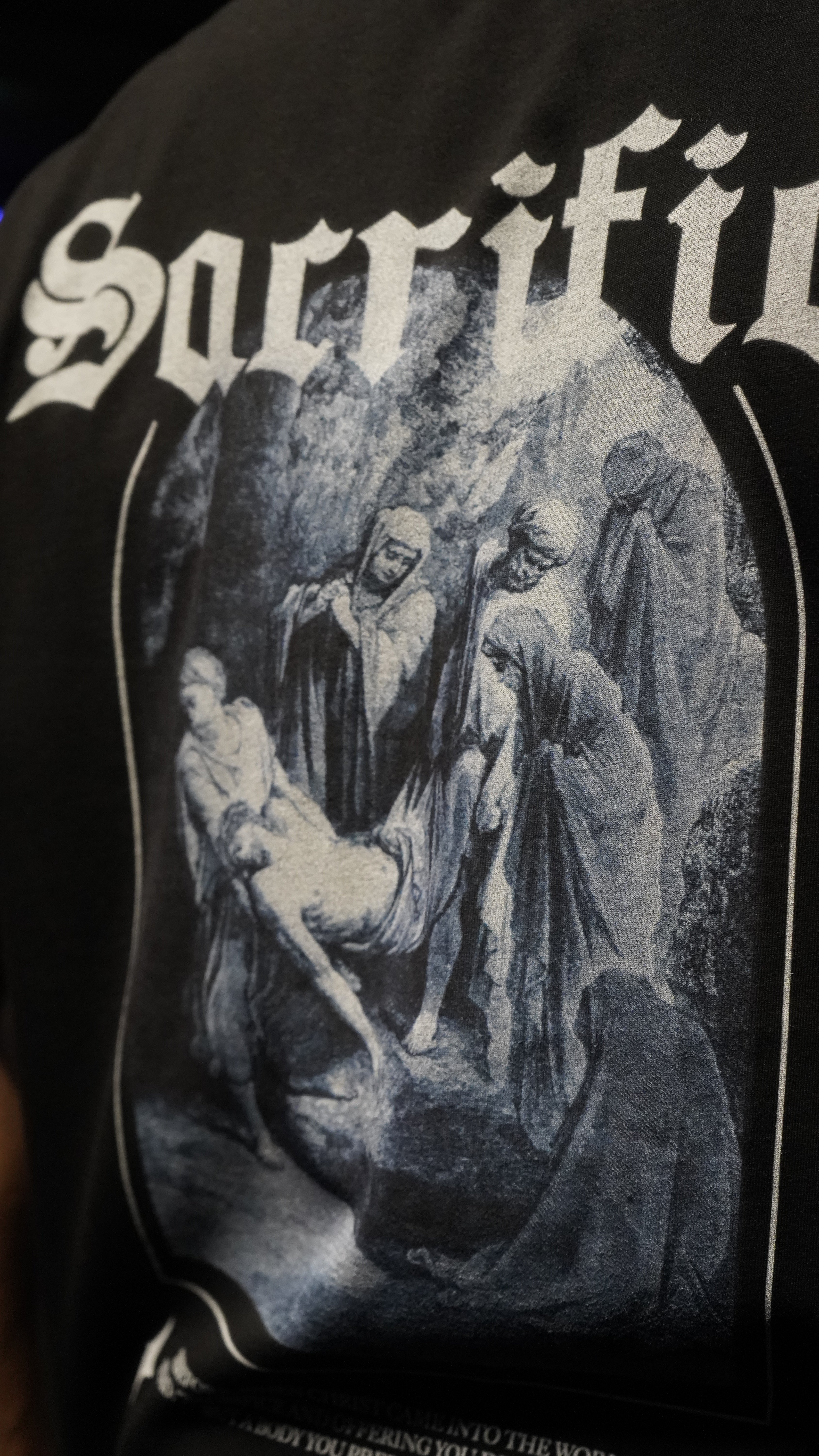 Saint Kaizen Christian gym wear shirt. Features the bold Sacrifice T-Shirt - Black spiritual design. Oversize fit made from premium 220gr cotton.