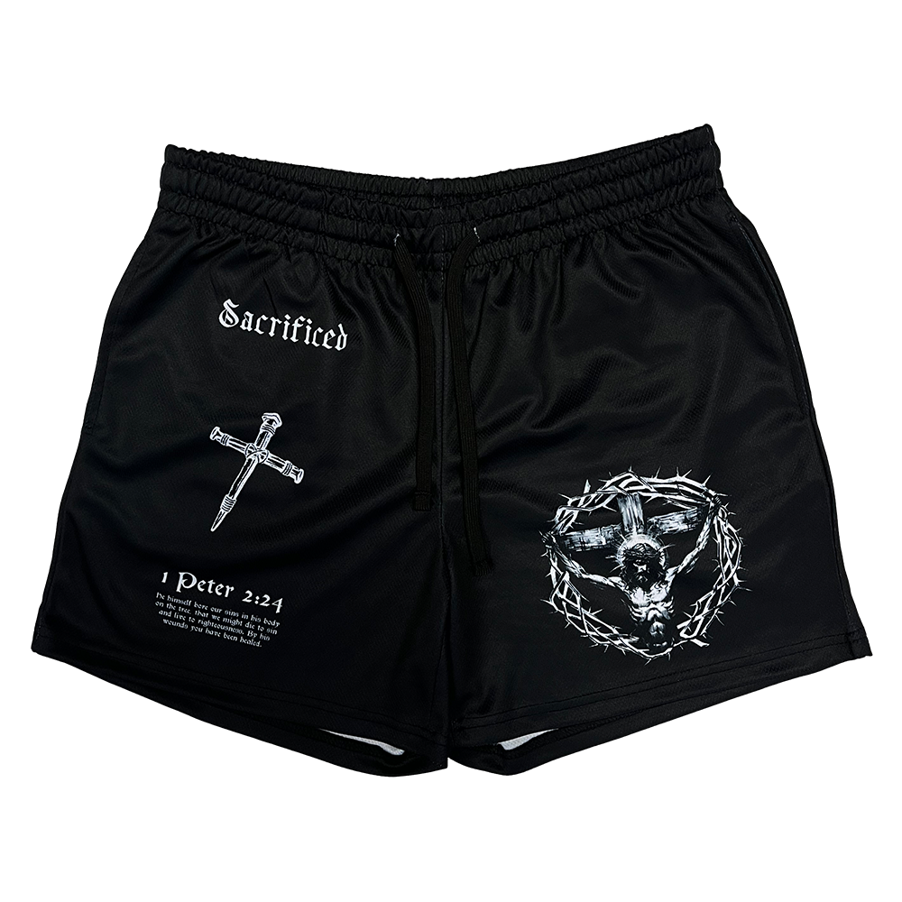 Saint Kaizen Christian gym wear Sacrificed Mesh Shorts. Lightweight 100% polyester mesh with bold printed spiritual design. Features a 5-inch inseam for mobility.