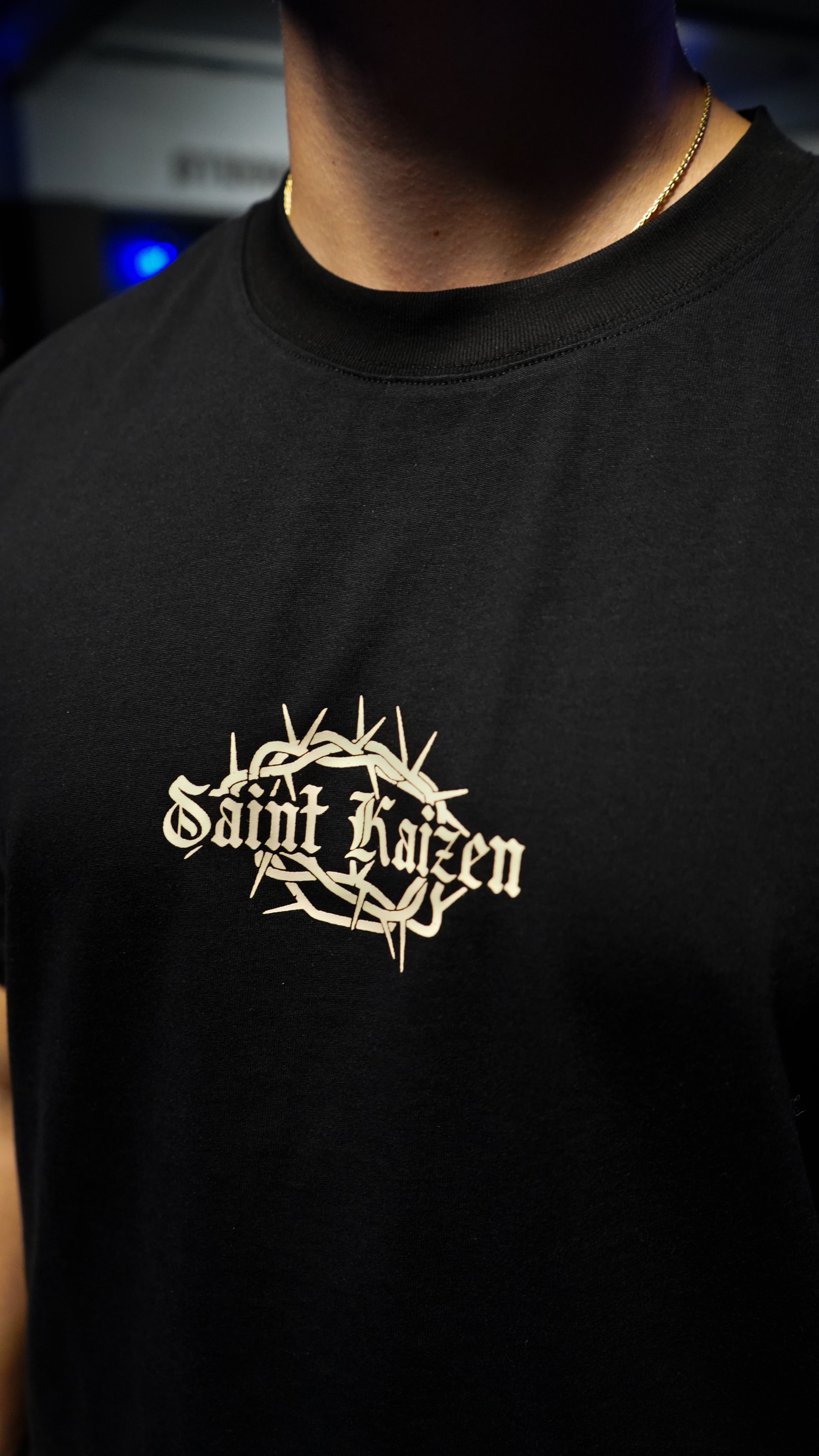 Saint Kaizen Christian gym wear shirt. Features the bold Sacrificed for Our Sins T-Shirt spiritual design. Oversize fit made from premium 220gr cotton.