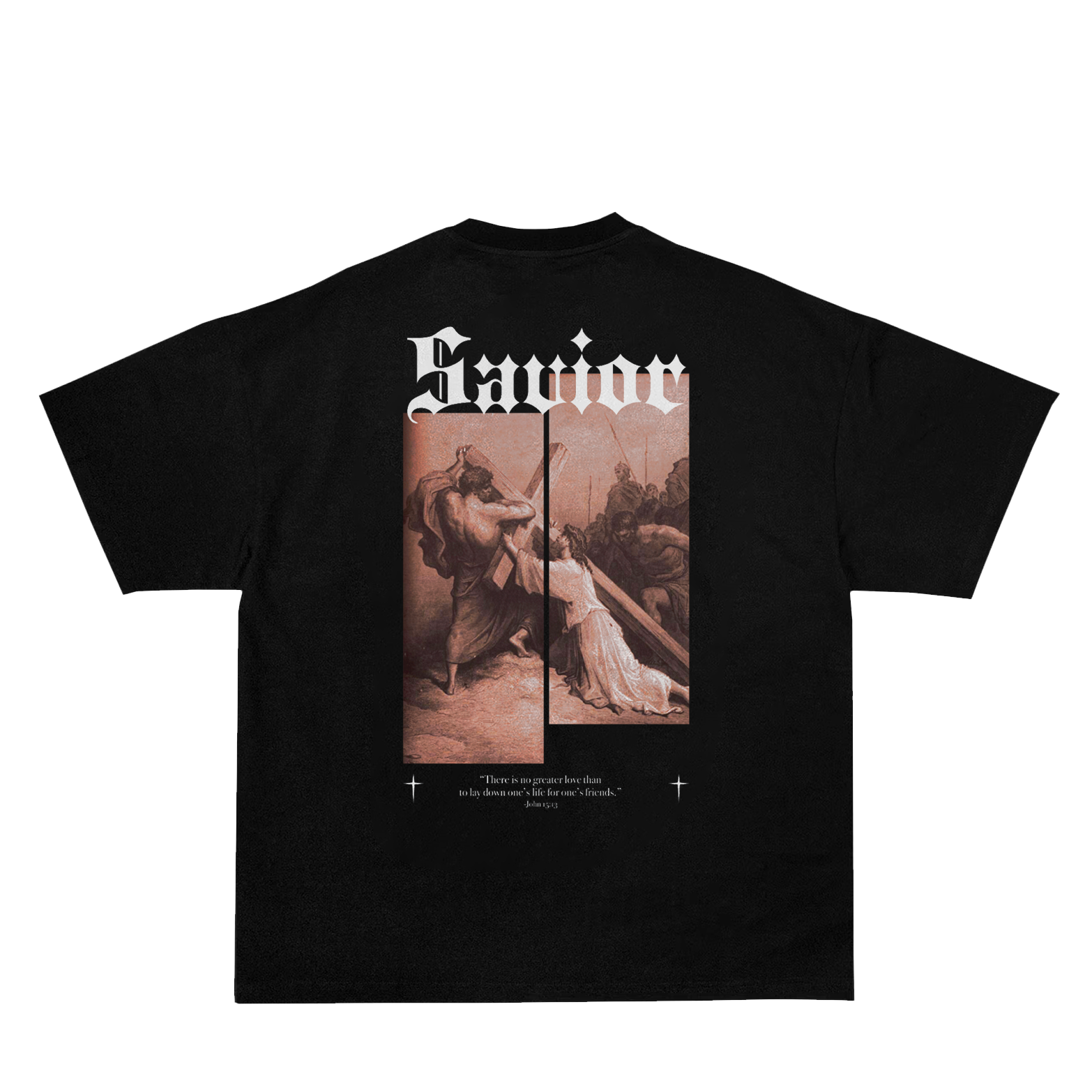 Saint Kaizen Christian gym wear shirt. Features the bold Savior T-Shirt spiritual design. Oversize fit made from premium 220gr cotton.