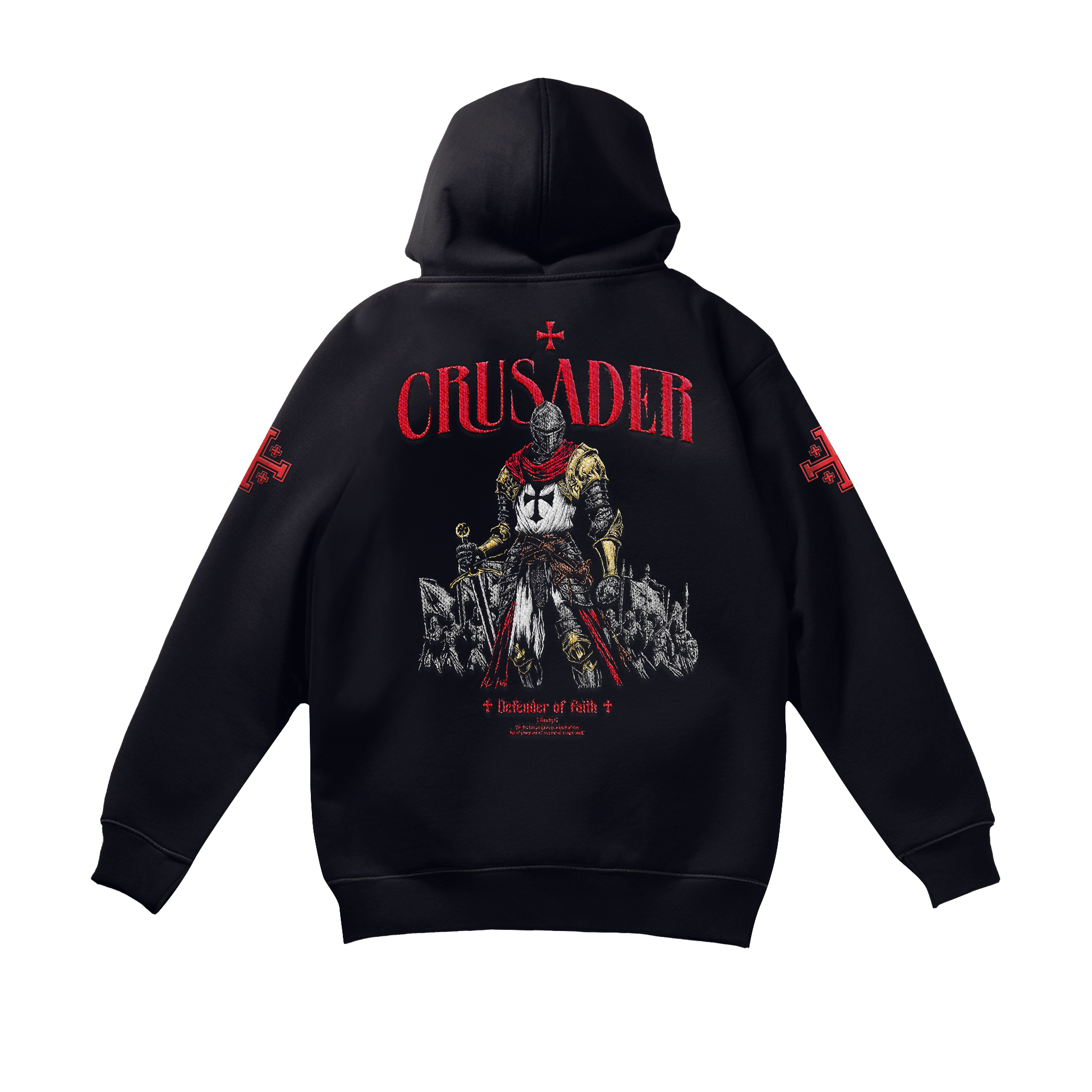Saint Kaizen Soldier Embroidery Hoodie. Heavyweight Christian gym wear hoodie featuring detailed embroidered spiritual artwork.