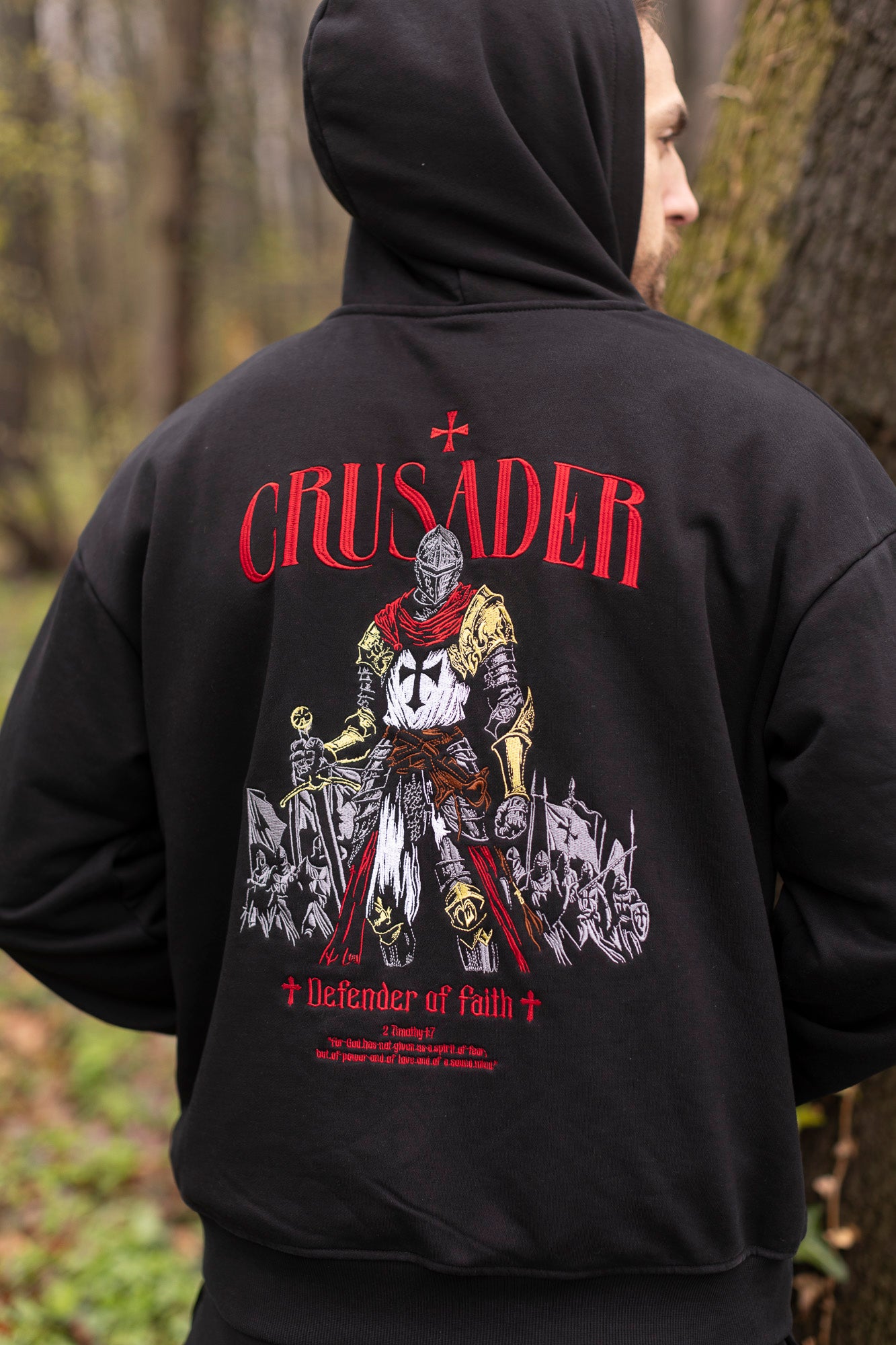 Saint Kaizen Soldier Embroidery Hoodie. Heavyweight Christian gym wear hoodie featuring detailed embroidered spiritual artwork.