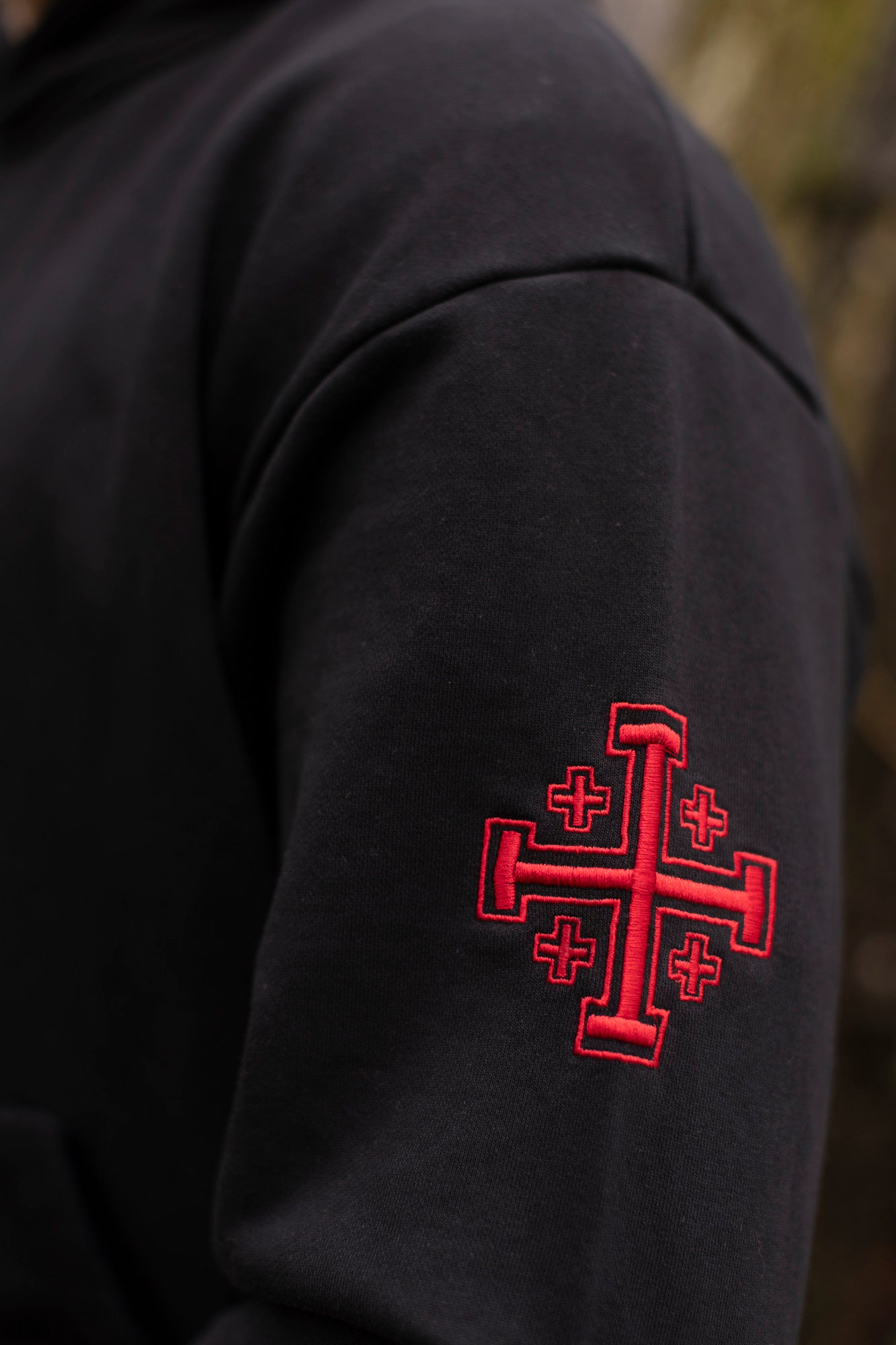 Saint Kaizen Soldier Embroidery Hoodie. Heavyweight Christian gym wear hoodie featuring detailed embroidered spiritual artwork.