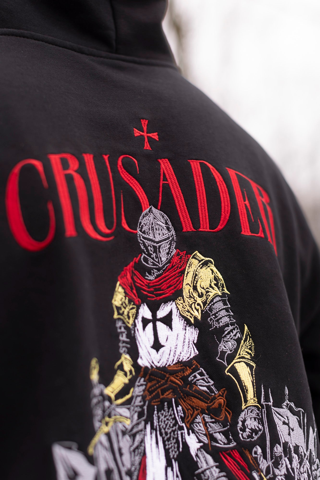 Saint Kaizen Soldier Embroidery Hoodie. Heavyweight Christian gym wear hoodie featuring detailed embroidered spiritual artwork.
