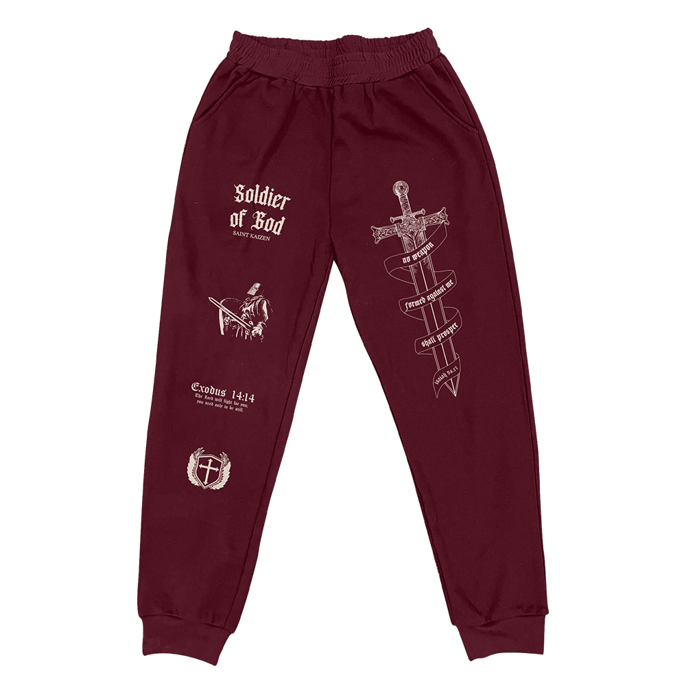 Saint Kaizen Soldier Of God Joggers - Wine. Christian gym wear with high-quality screen print design. Terry fleece lining for warmth and comfort.