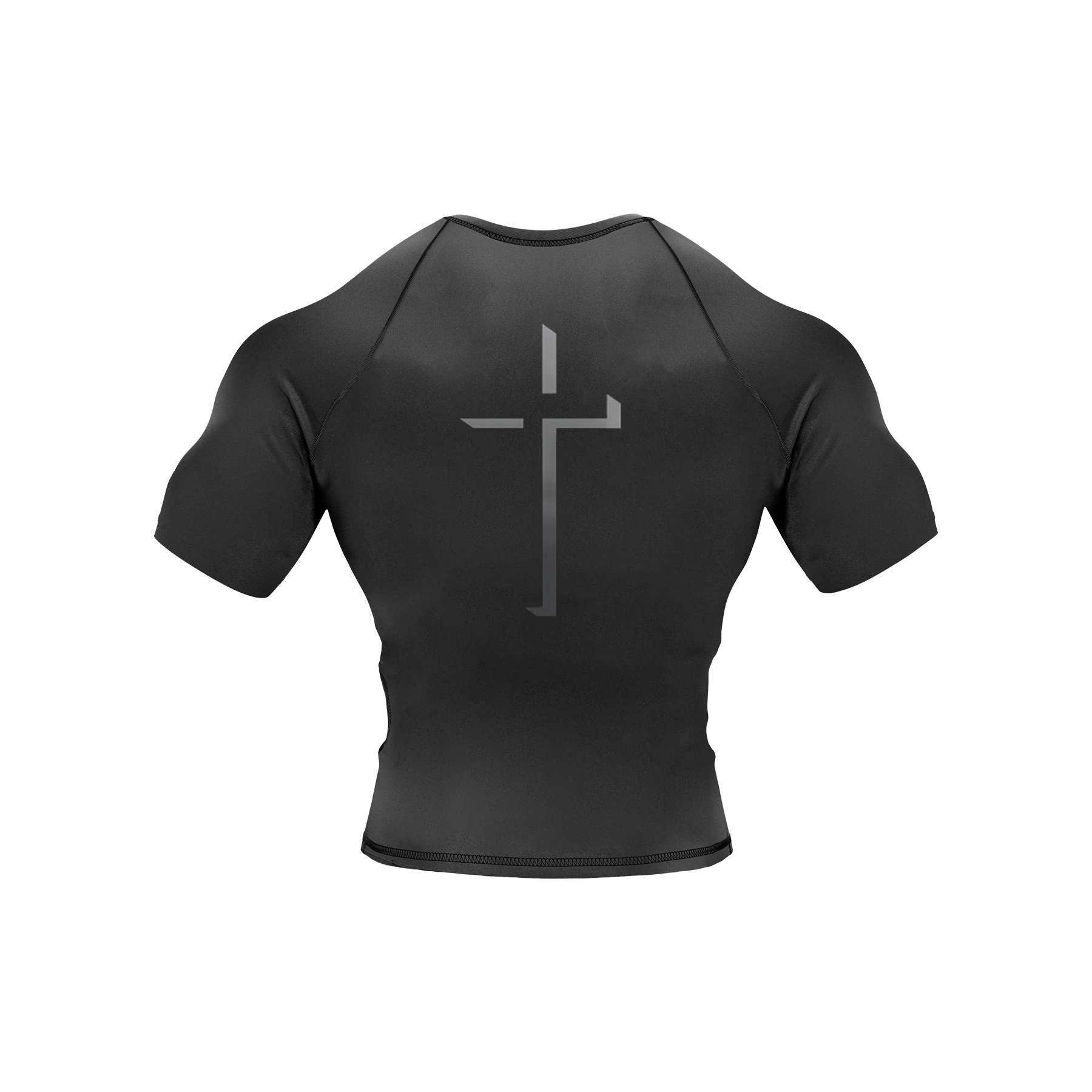 Saint Kaizen Soldier of God Compression Tee - Black. High-performance Christian gym wear with printed spiritual artwork. Tailored, ergonomic fit for muscle support.