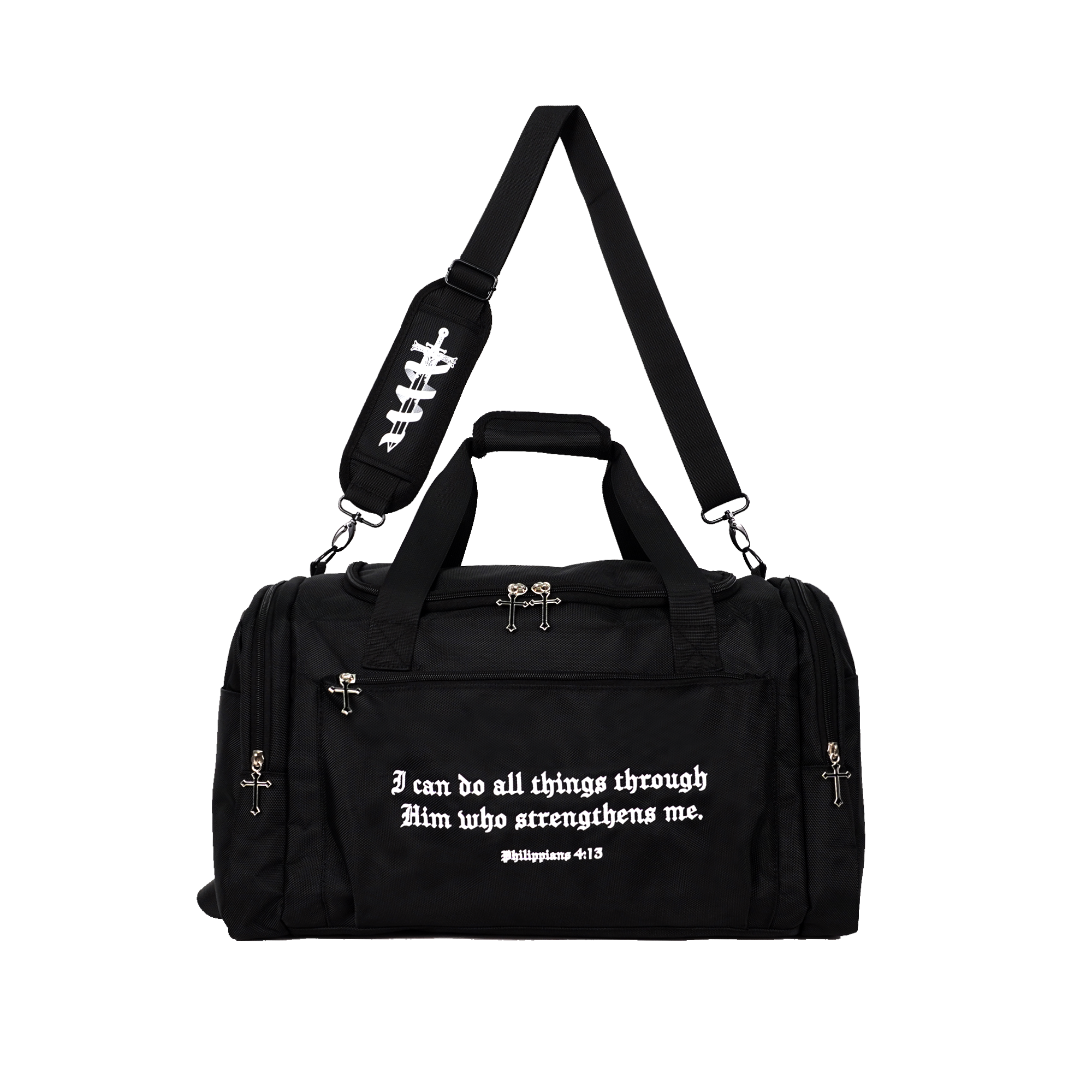 Saint Kaizen Christian gym duffle bag. Features the Soldier of God Duffle Bag verse, powerful spiritual artwork, and detailed embroidery for Christian athletes.