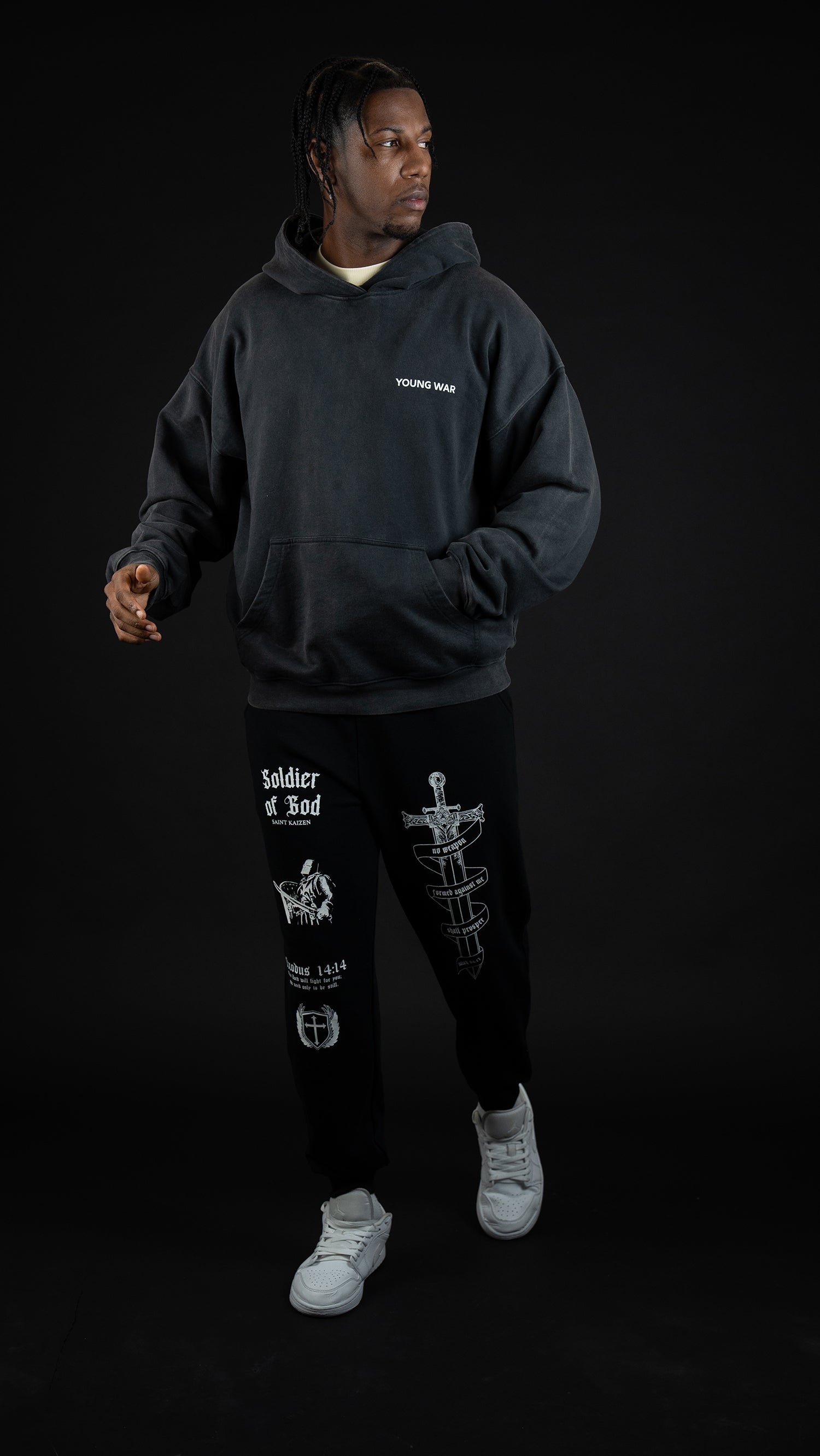 Saint Kaizen Soldier of God Joggers - Black. Christian gym wear with high-quality screen print design. Terry fleece lining for warmth and comfort.