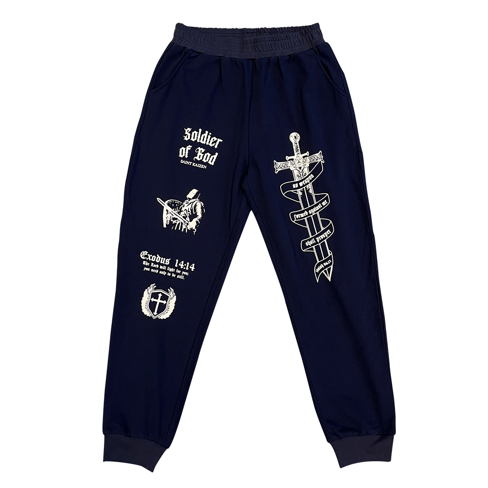 Saint Kaizen Soldier of God Joggers - Navy. Christian gym wear with high-quality screen print design. Terry fleece lining for warmth and comfort.