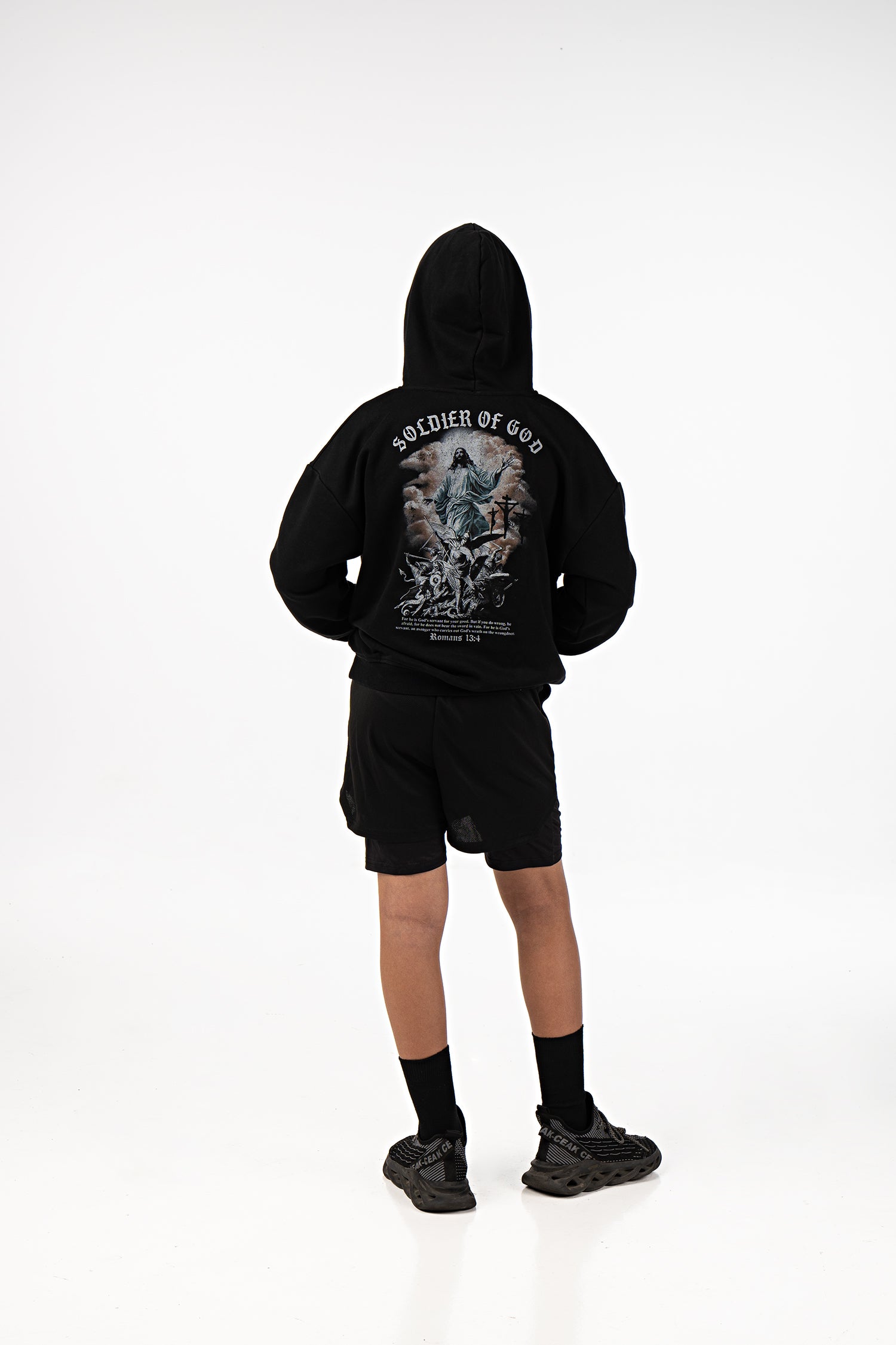 Saint Kaizen Soldier of God Youth Hoodie. Heavyweight Christian gym wear hoodie featuring a durable with spiritual artwork.