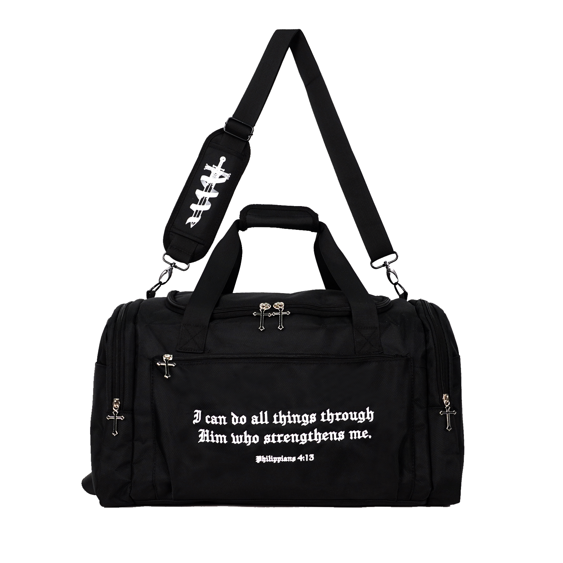 Saint Kaizen Christian gym duffle bag. Features the Soldier of God Duffle Bag verse, powerful spiritual artwork, and detailed embroidery for Christian athletes.