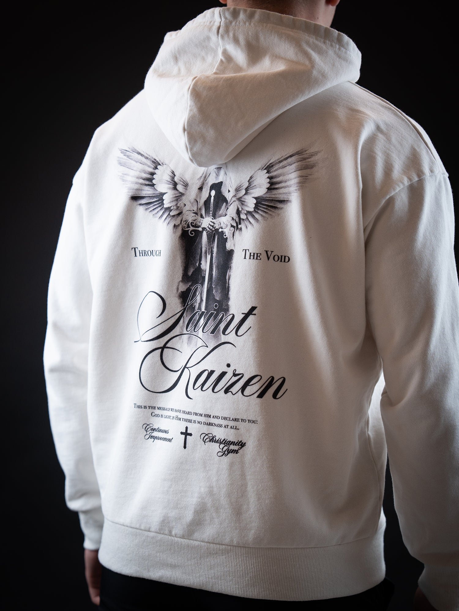 Saint Kaizen Through The Void Hoodie - White. Heavyweight Christian gym wear hoodie featuring a durable with spiritual artwork.