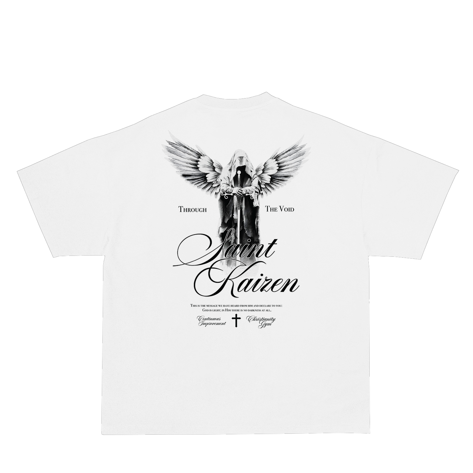 Saint Kaizen Christian gym wear shirt. Features the bold Through To The Void T-Shirt - White spiritual design. Oversize fit made from premium 220gr cotton.