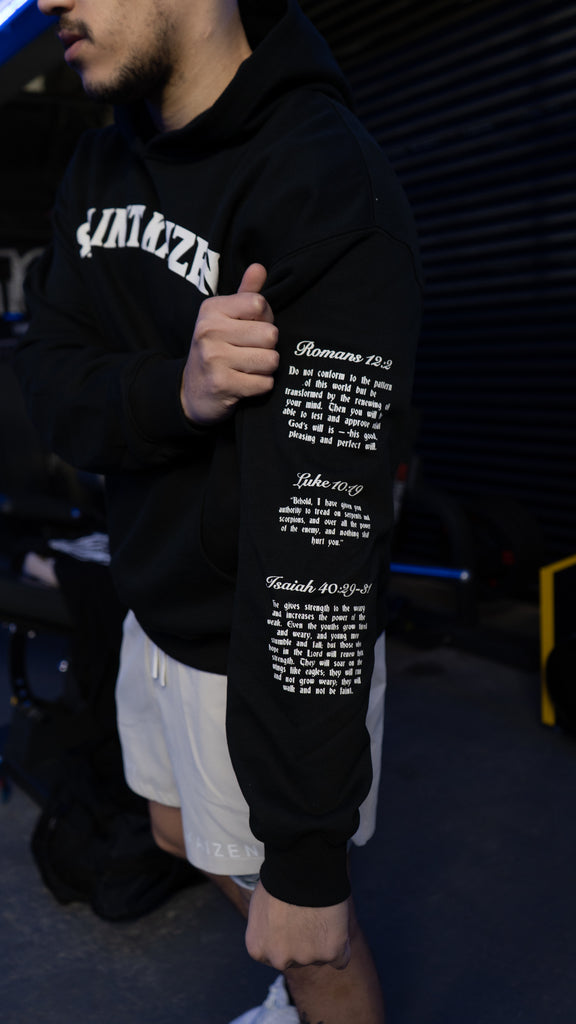 Saint Kaizen Verse Hoodie - Black. Heavyweight Christian gym wear hoodie featuring a durable with spiritual artwork.