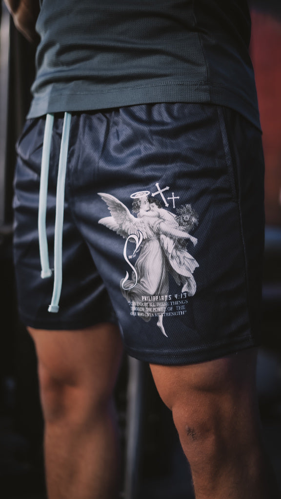 Christian-themed mesh gym shorts with Bible verses, made from 100% polyester, featuring double side pockets and a 5-inch inseam for comfort and mobility.