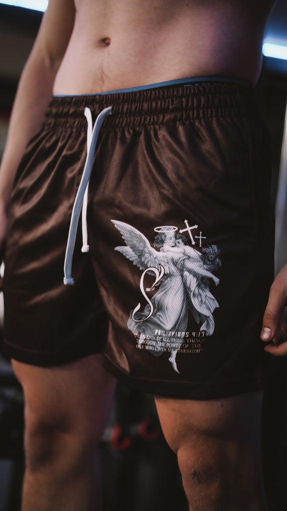 Christian-themed mesh gym shorts with Bible verses, made from 100% polyester, featuring double side pockets and a 5-inch inseam for comfort and mobility.